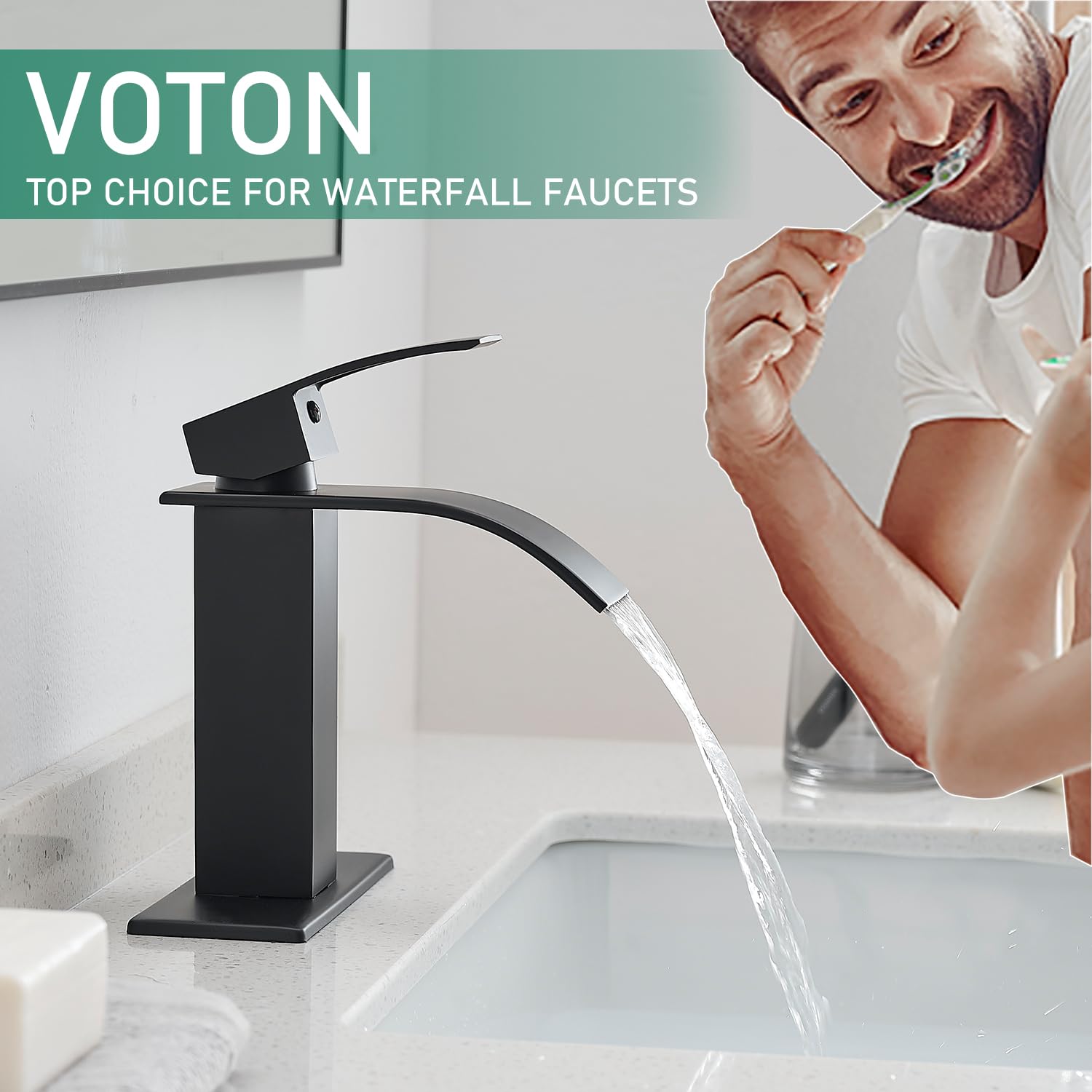VOTON Matte Black Single Handle Waterfall Bathroom Sink Faucet - Modern Design for 1 or 3 Holes with Deck Plate - Perfect for RV, Camper, Farmhouse & Utility Sink Remodels (Ideal for Small Bathrooms & Vanities)
