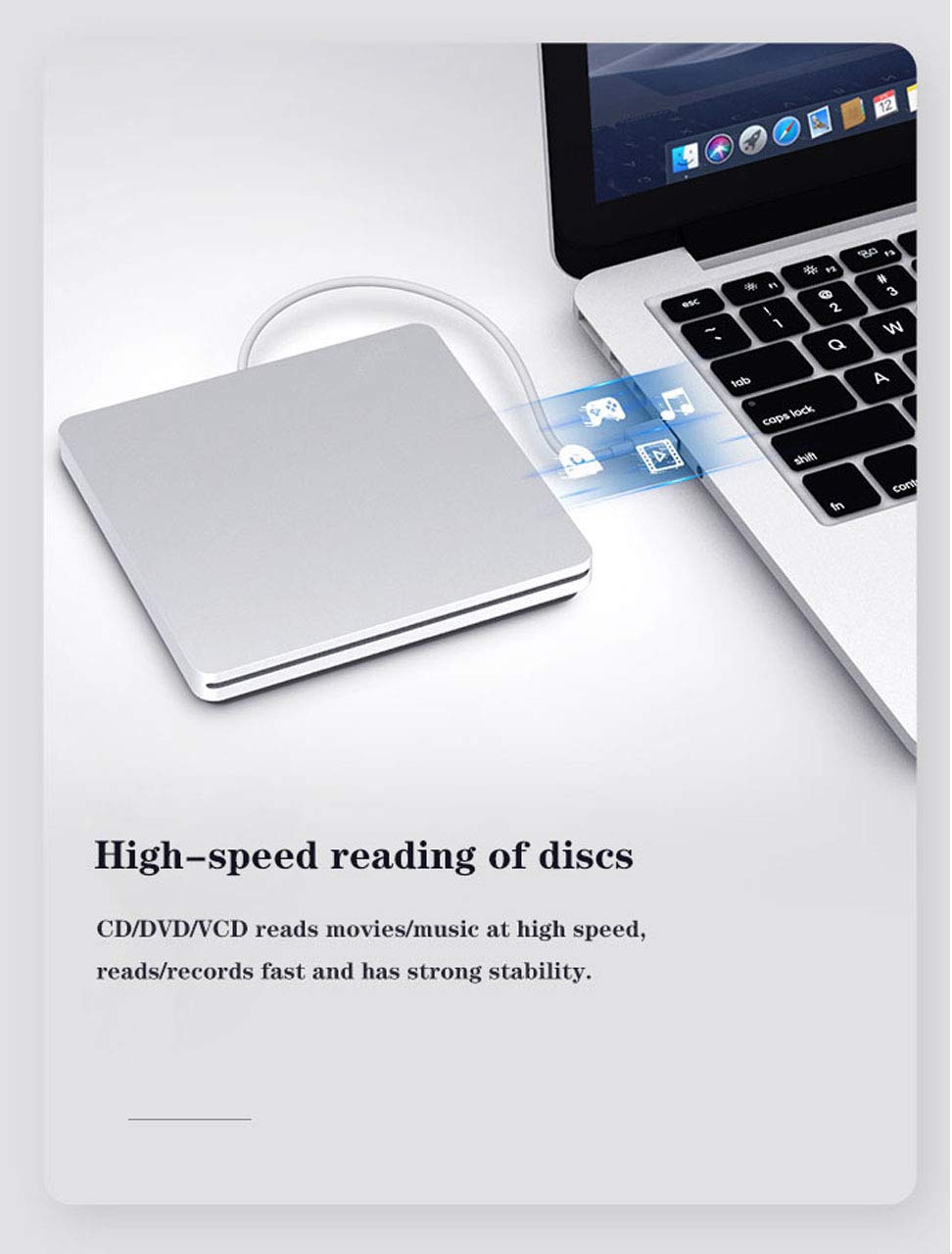 Aouan USB-C External CD DVD Drive Burner - Portable Slim Optical Disc Reader with USB 3.0 Adapter for MacBook Pro, PC, Laptop, Windows 10/8/7 - Silver | Perfect for Home Office, Travel & Media Backup
