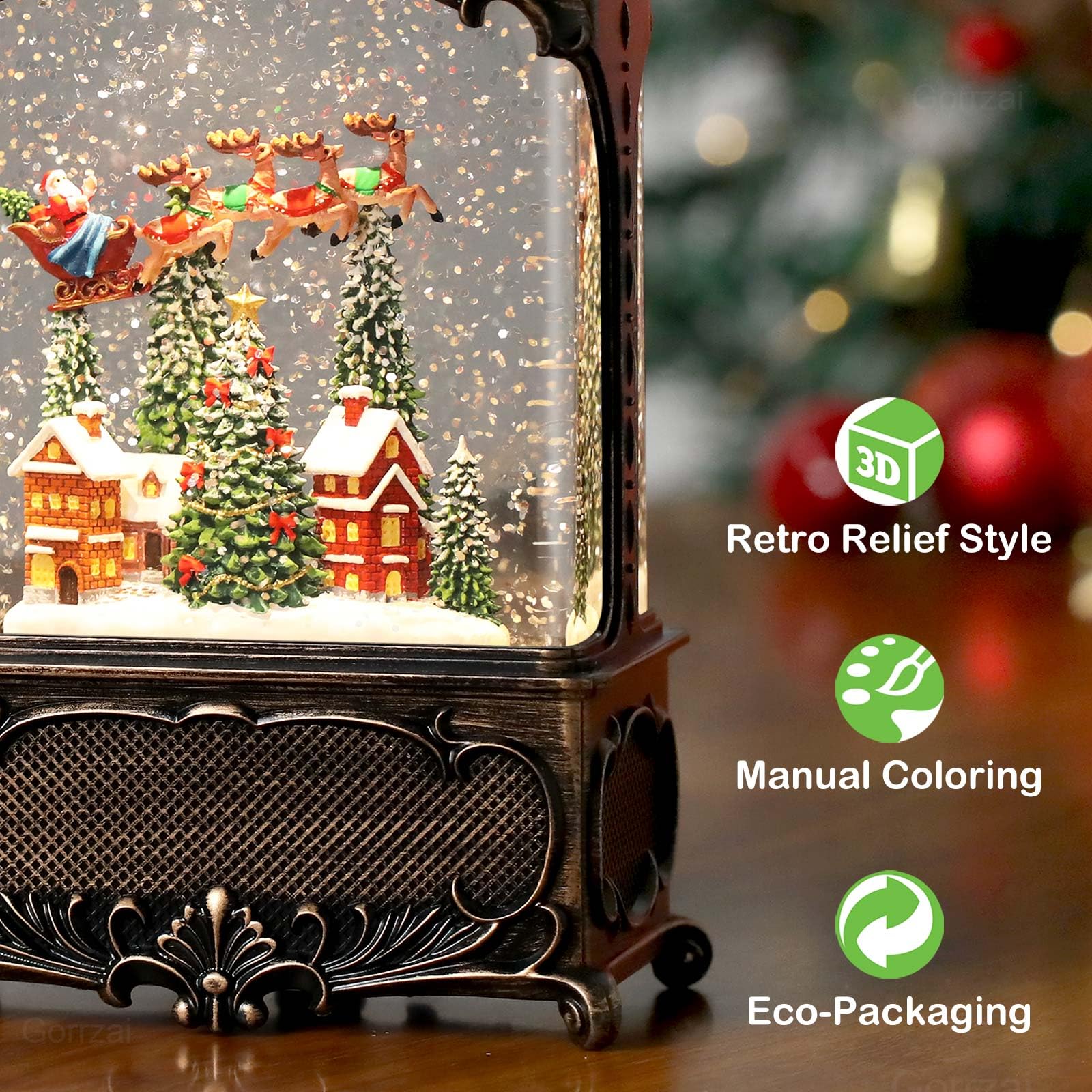 Village Snow Globe Christmas Decor - Musical Lighted Lantern with Swirling Glitter, Santa Church Reindeer Scene, USB/Battery Powered - Perfect for Home, Office & Holiday Party Decorations