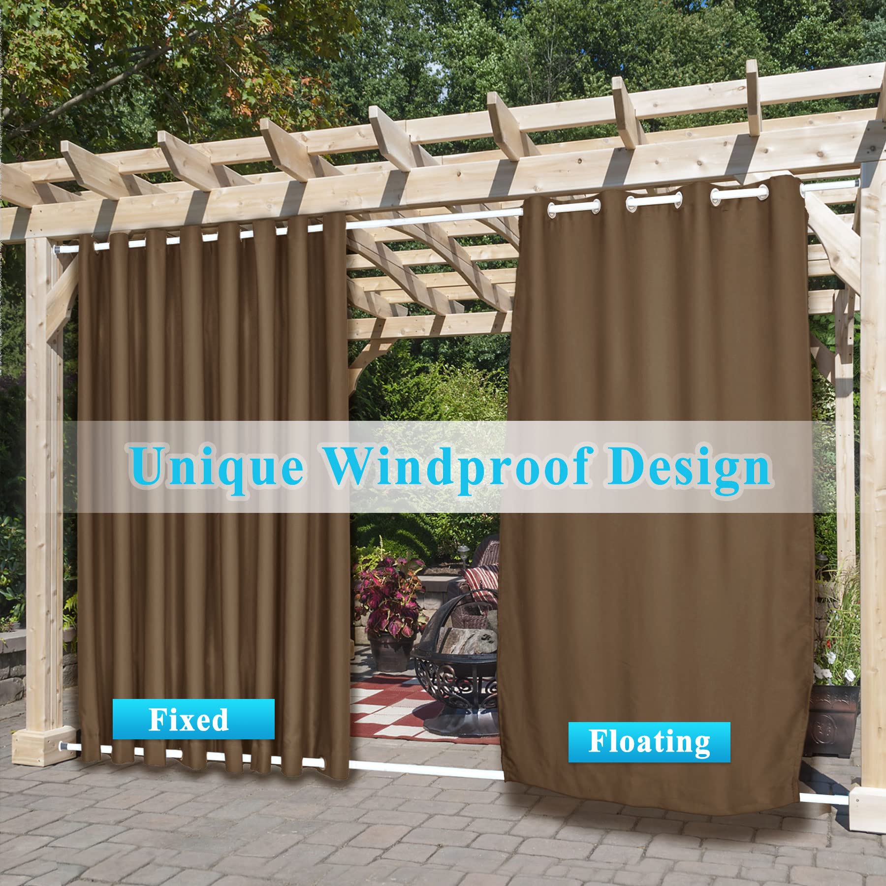 Frelement Outdoor Curtains - Windproof Thermal Insulated Blackout Drapes with Rustproof Grommets (Top & Bottom) for Porch, Patio, Deck - Chocolate Brown 100