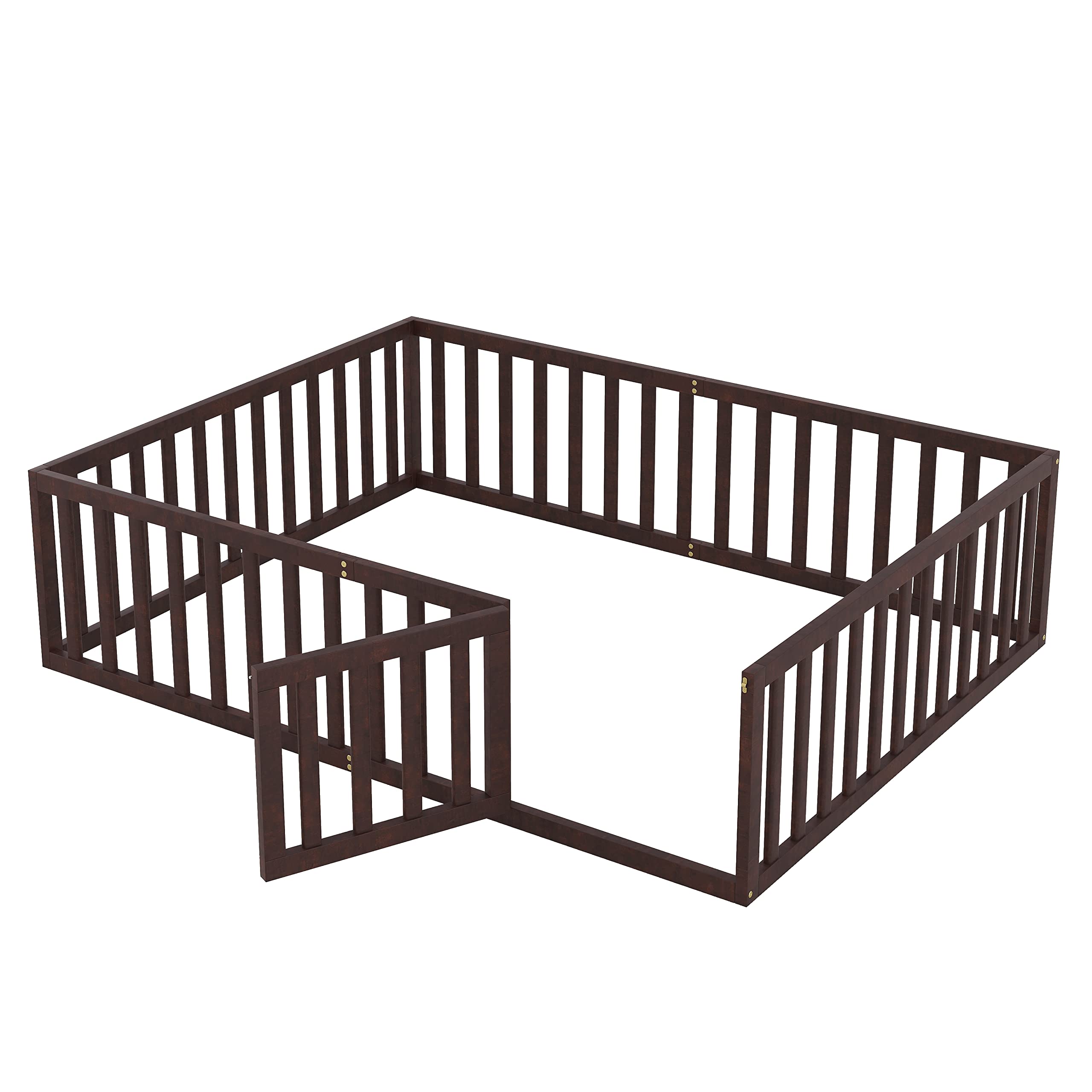 MERITLINE Queen Size Wooden Bed Frame with Safety Fence & Door - Montessori Floor Bed for Kids 6+ Years - Easy Assembly - No Box Spring Needed (Walnut) - Perfect for Toddler Rooms, Daycare Centers & Montessori Classrooms