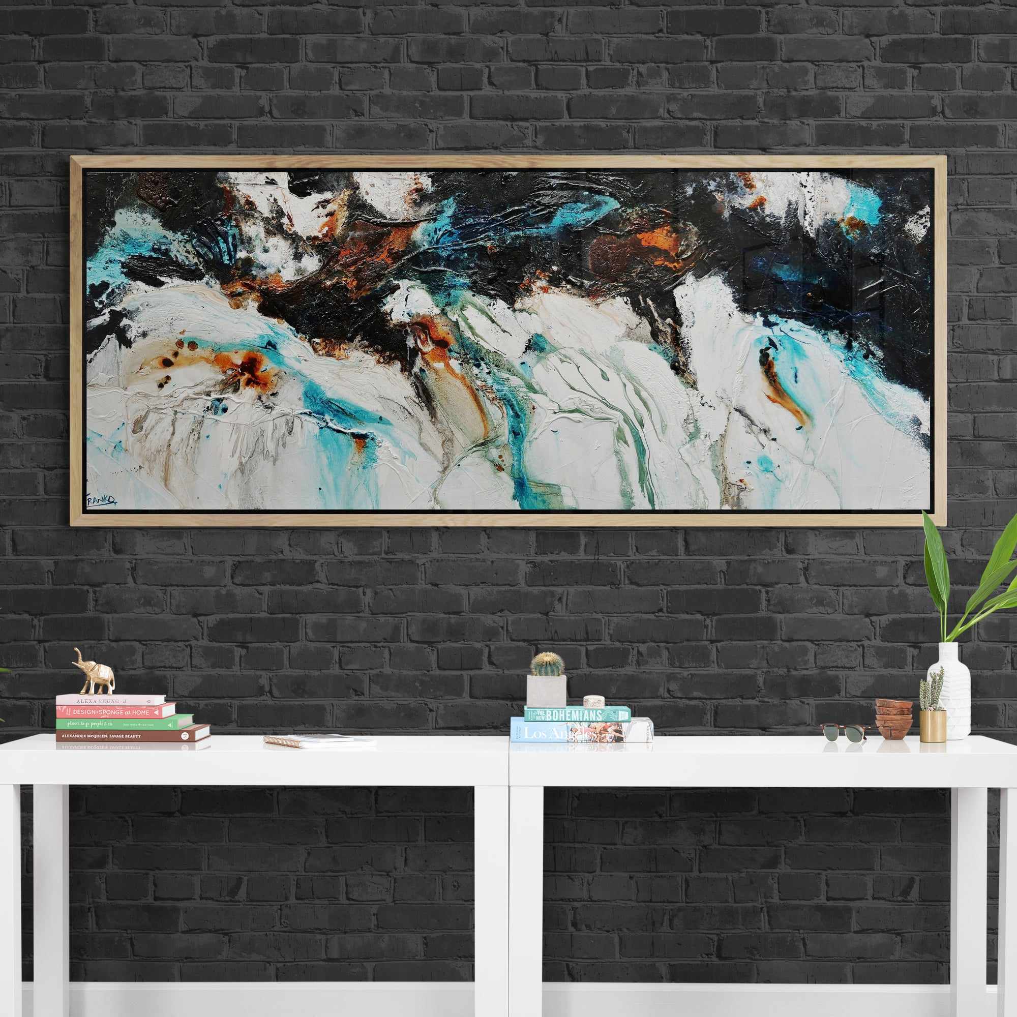 Southern Nature 200cm x 80cm Teal Black White Textured Abstract Canvas Art - Modern Wall Decor for Living Room, Bedroom & Office