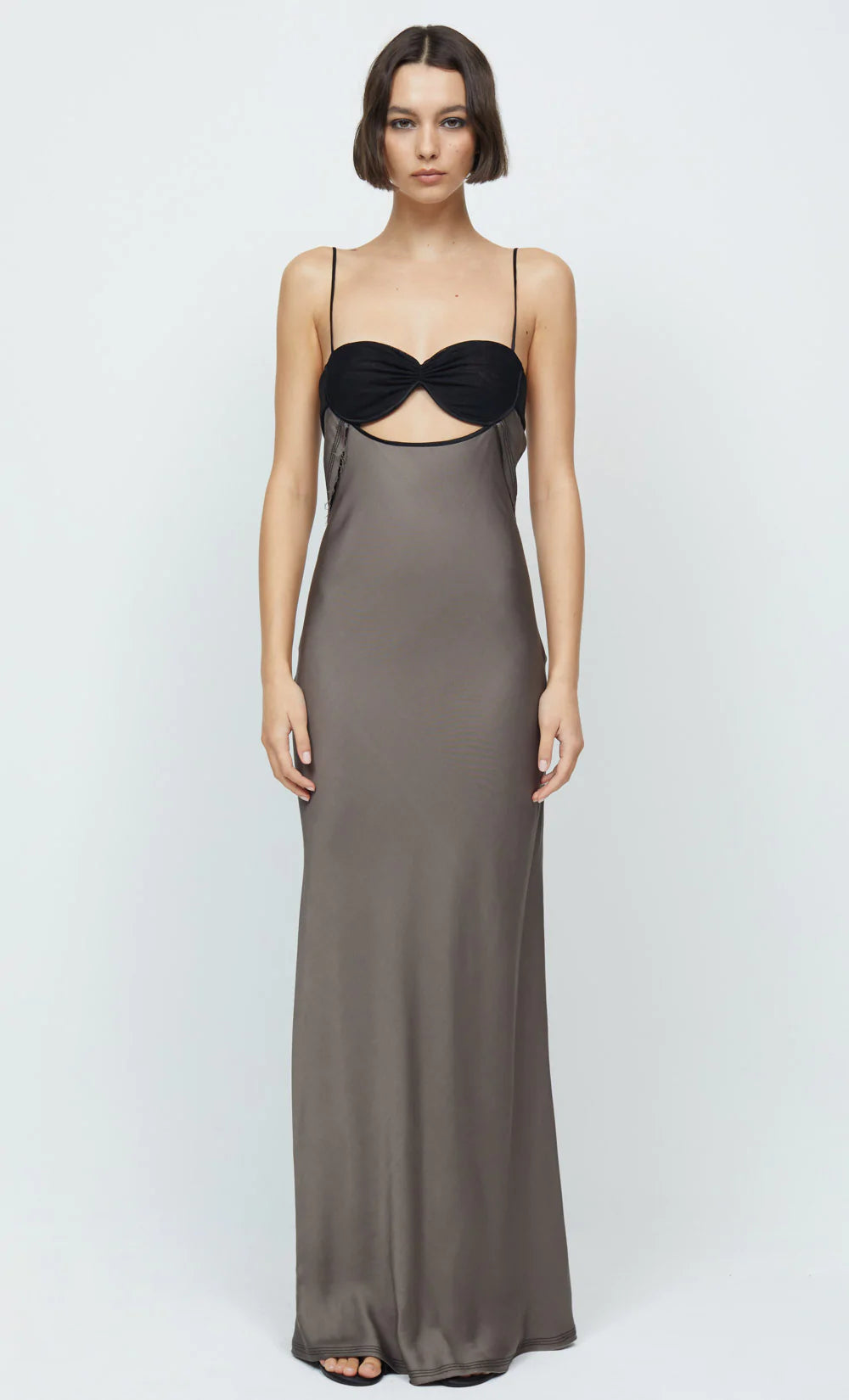 Evangeline Strappy Maxi Dress in Pewter & Black - Elegant Summer Beach Wedding Party Gown for Women