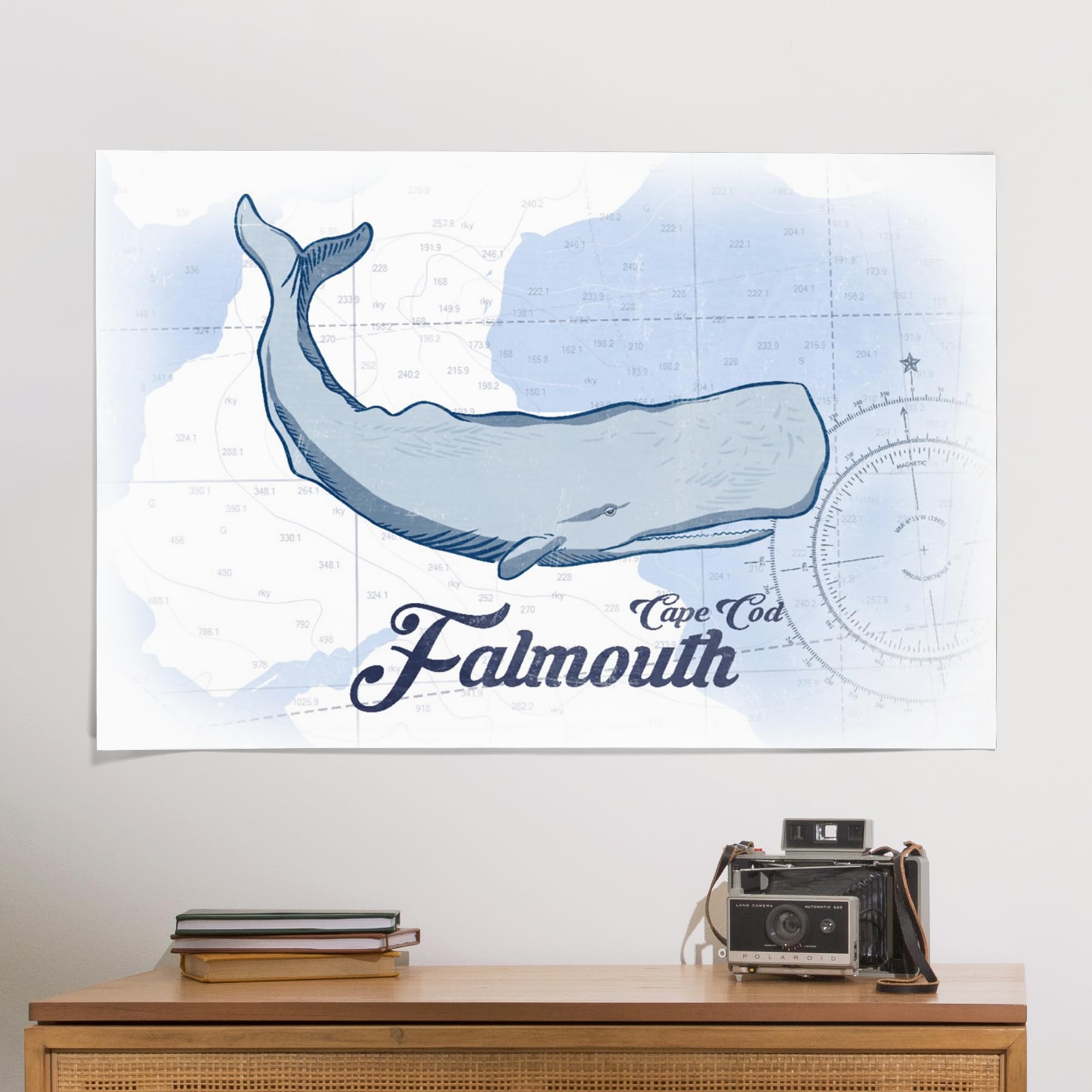 Lantern Press 24x36 Inch Giclee Art Print - Falmouth Cape Cod Massachusetts Coastal Wall Decor with Whale Design in Blue | Perfect for Beach House, Living Room or Office Artwork