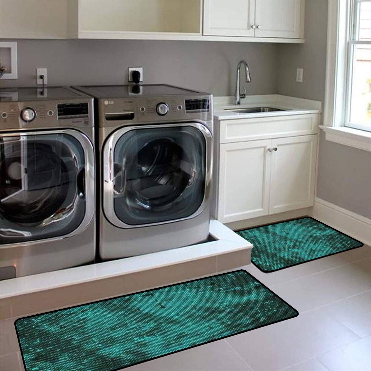 Non-Slip Washable Kitchen Rugs Set - Turquoise Distressed Dotted Design Floor Mats, Anti-Fatigue Standing Mats for Kitchen, Bathroom & Entryway Decor - Perfect for High Traffic Areas and Comfortable Cooking