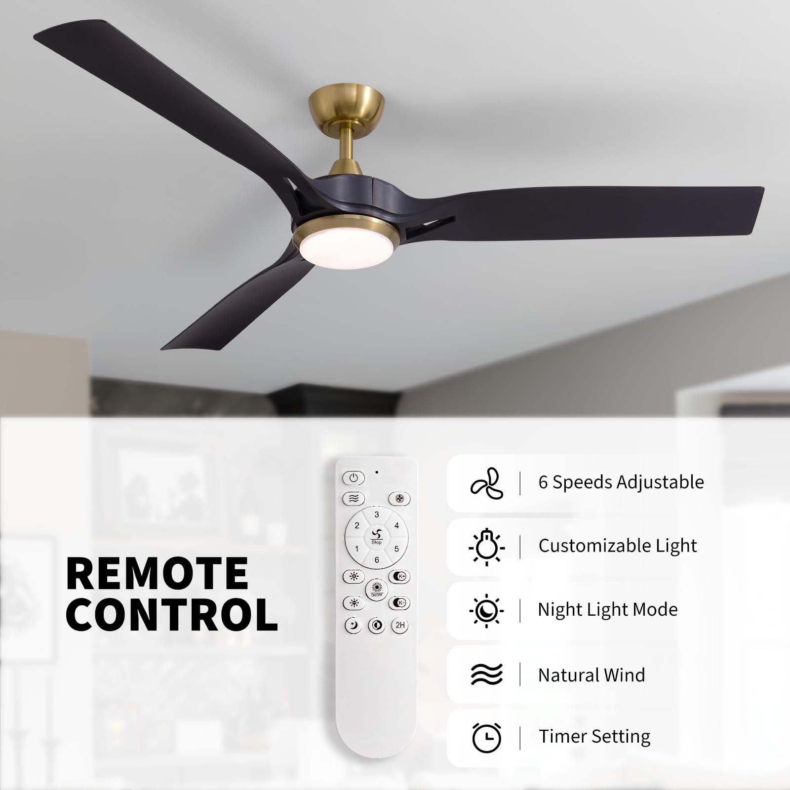 60 Inch Modern Ceiling Fan with Lights and Remote Control - 6 Speed, 3CCT, Quiet DC Motor, Reversible - Perfect for Bedroom, Living Room, Patio, Indoor and Outdoor Use