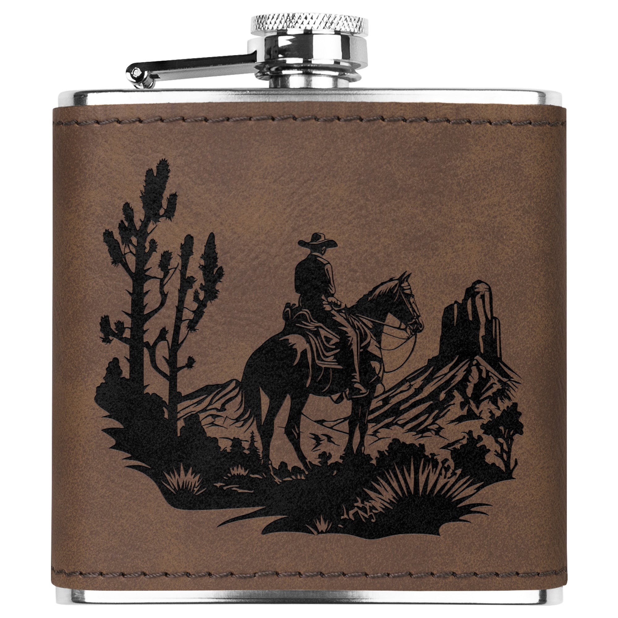 Premium Cowboy Desert Leather Flask - Engraved Metal Hip Flask for Whiskey, Bourbon & Liquor - Perfect for Outdoor Adventures, Camping & Gifts