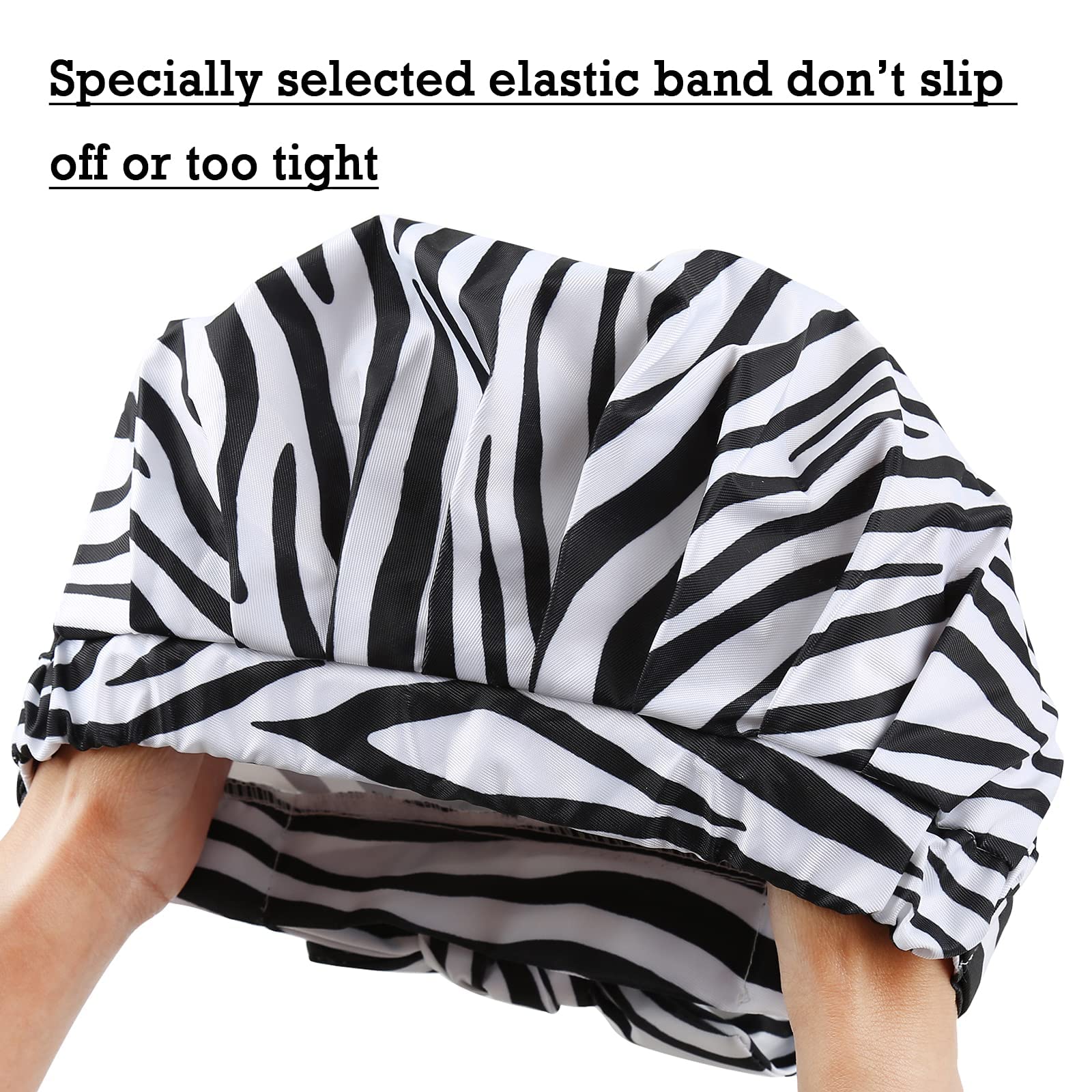 Waterproof Reusable Shower Cap for Women & Girls - Extra Large Hair Cover for Long Hair & Braids - Adjustable Bow Zebra Strip Design - Perfect for Bathing, Swimming & Hair Treatments