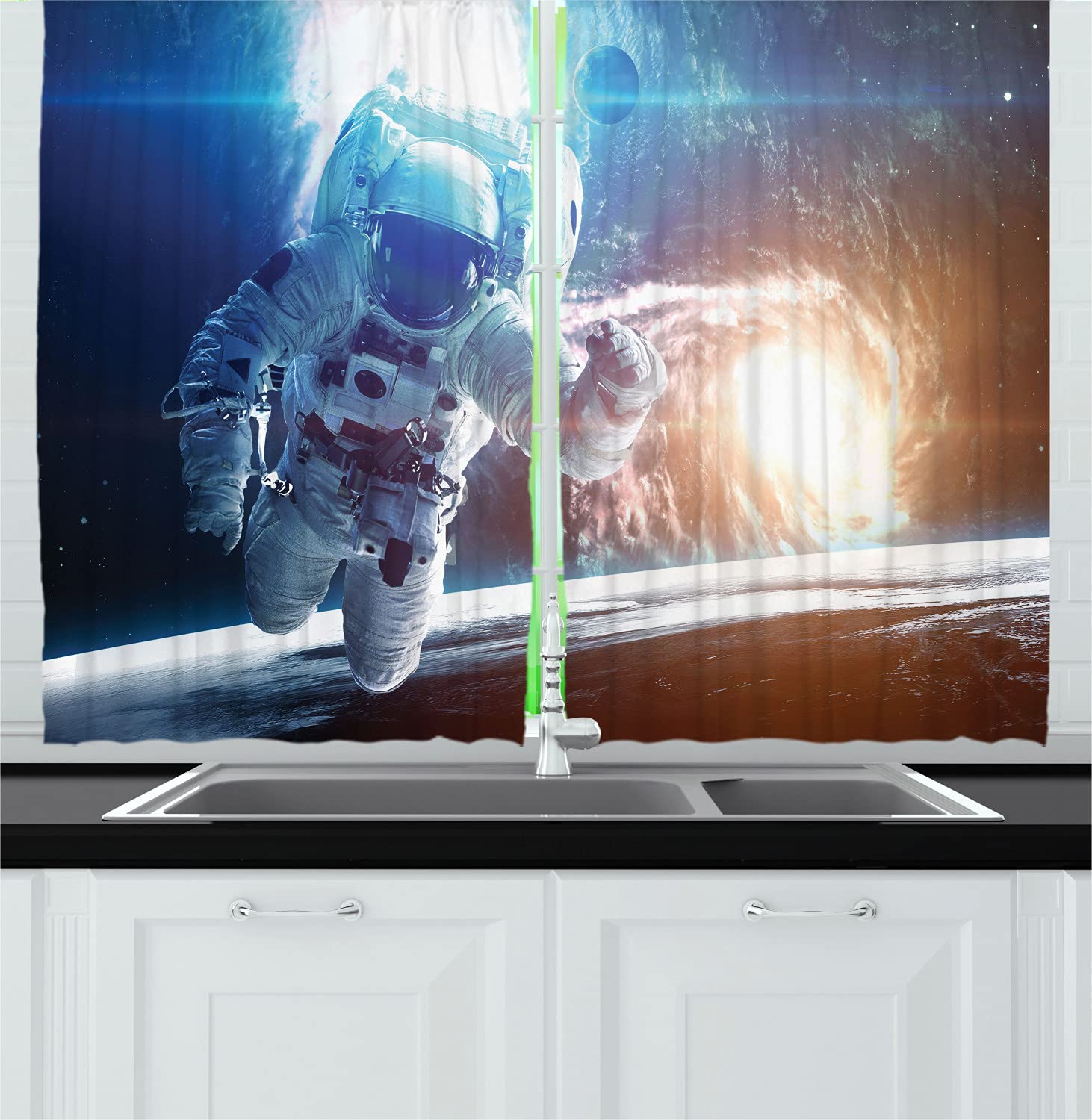 Ambesonne Outer Space Kitchen Curtains - Galaxy Astronaut & Nebula Print, 2 Panels with Rod Pocket, 55x45 Inches, Blue & Yellow - Perfect for Sci-Fi Themed Kitchens & Living Rooms