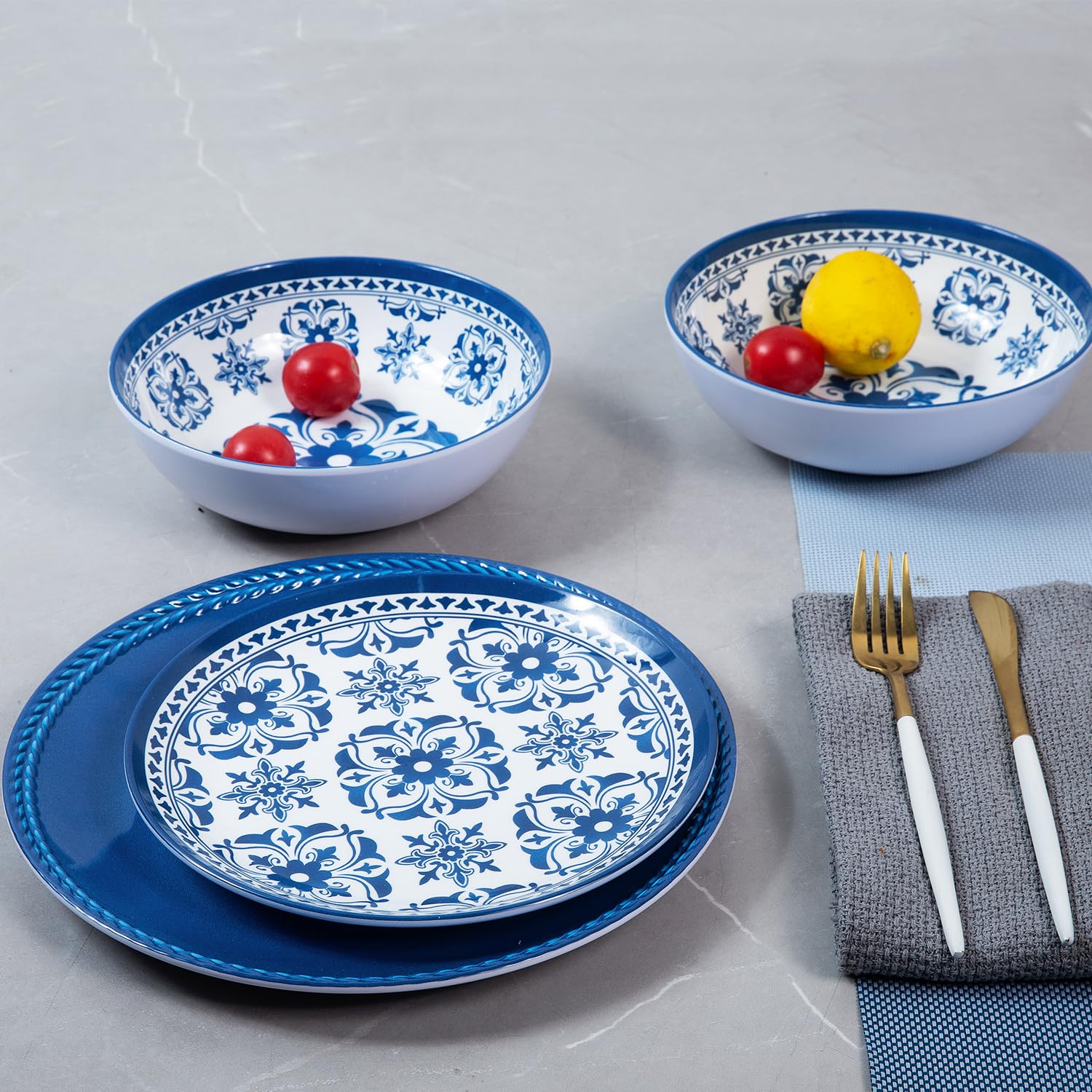 12-Piece Melamine Dinnerware Set - Durable Plates & Bowls for 4 People, Dishwasher Safe Blue Floral Design - Perfect for Outdoor Picnics, Indoor Dining, and Camping Trips