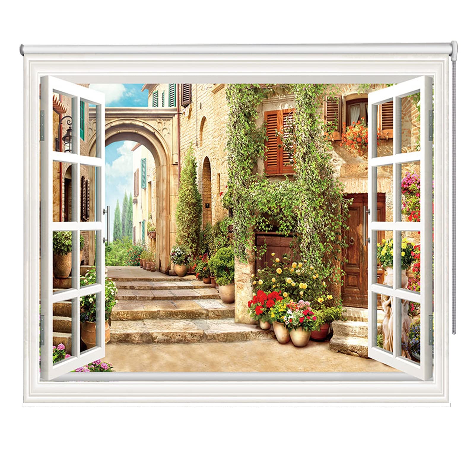 French Style Blackout Roller Shades for Windows - Waterproof UV Protection, Retro Building View, Easy Installation (47