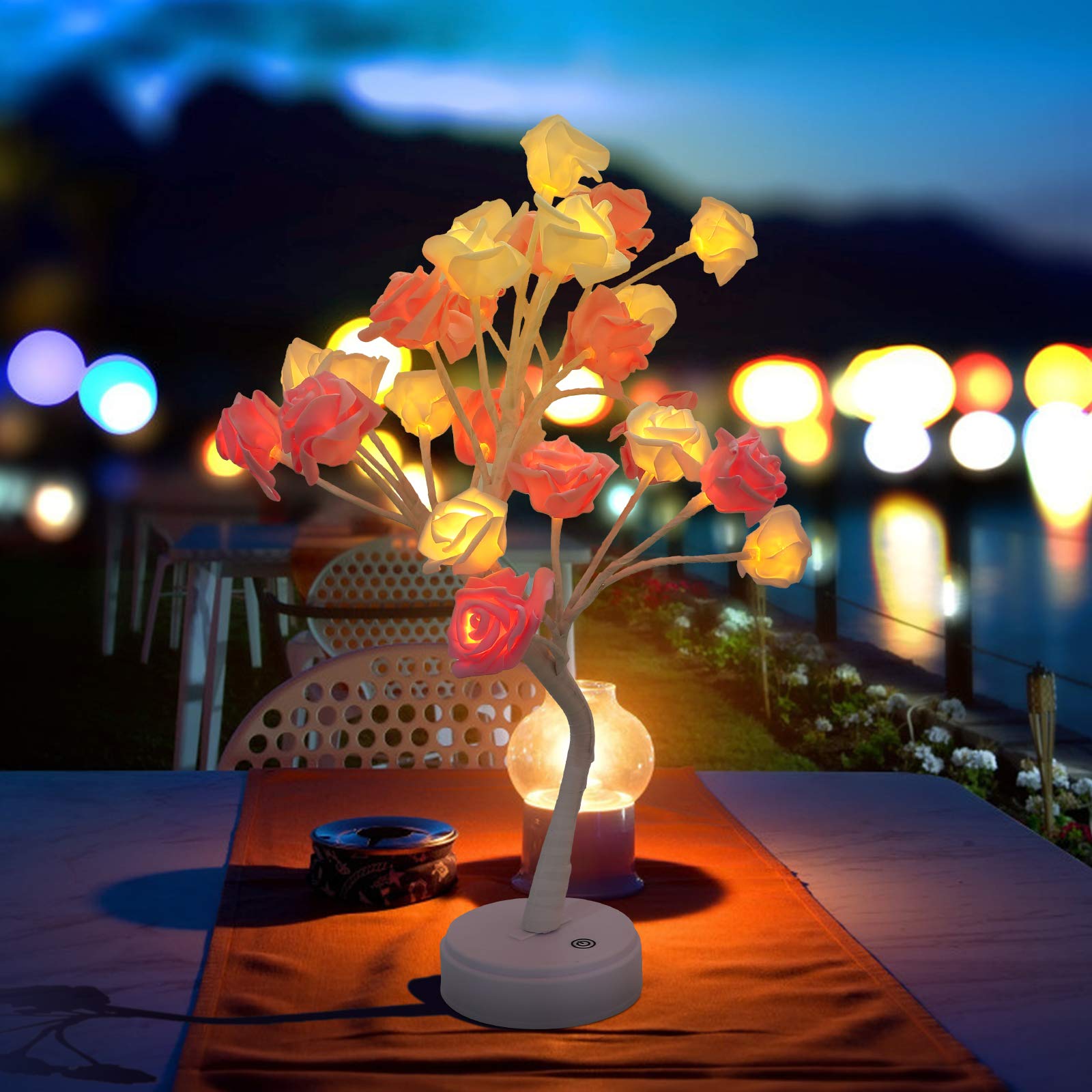 SOLUSTRE Rose Tree Lights - 24 LED Table Lamp for Bedroom, Study Desk, Wedding Decor, Office - Dual Purpose Decorative Night Light with PVC Rose Bush Design - Perfect for Romantic Ambiance, Gift Giving & Home Decor