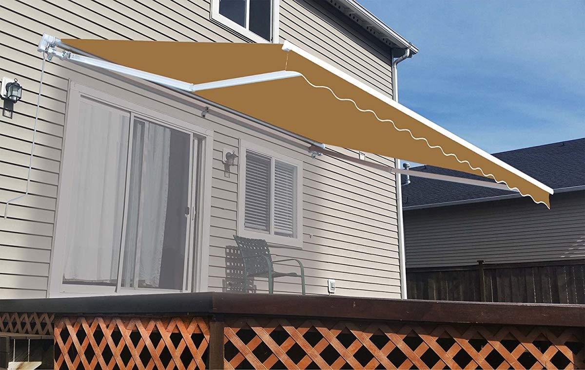 10 x 8 ft. Retractable Motorized Patio Awning - Sand Color, Waterproof Outdoor Sun Shade for Deck, Backyard, and Poolside Relaxation