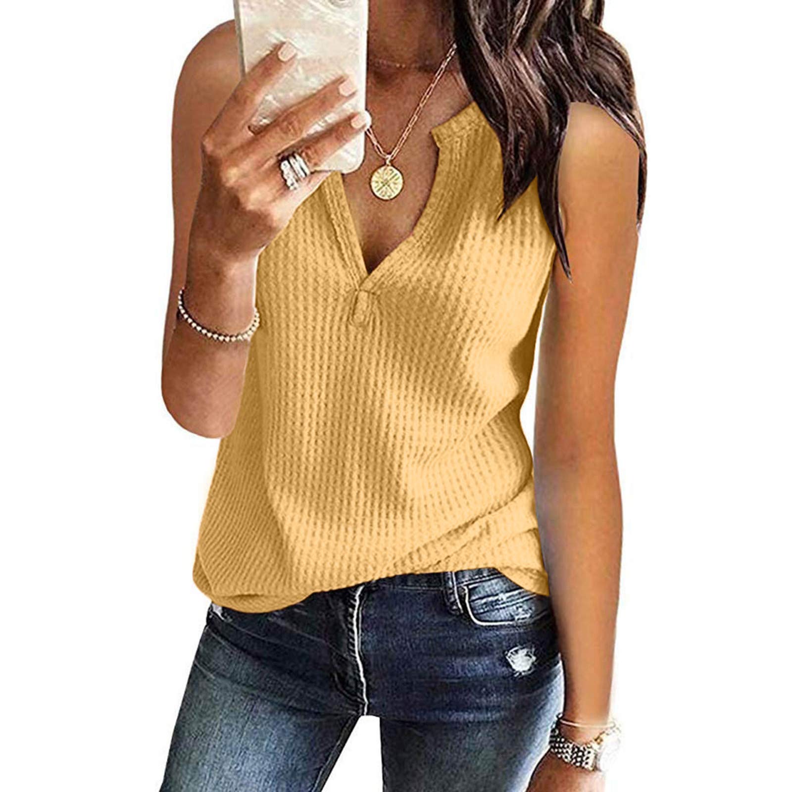 Women's V-Neck Waffle Knit Tank Top - Summer Casual Sleeveless Loose Tunic Blouse | Breathable Comfort for Beach, Yoga & Everyday Wear