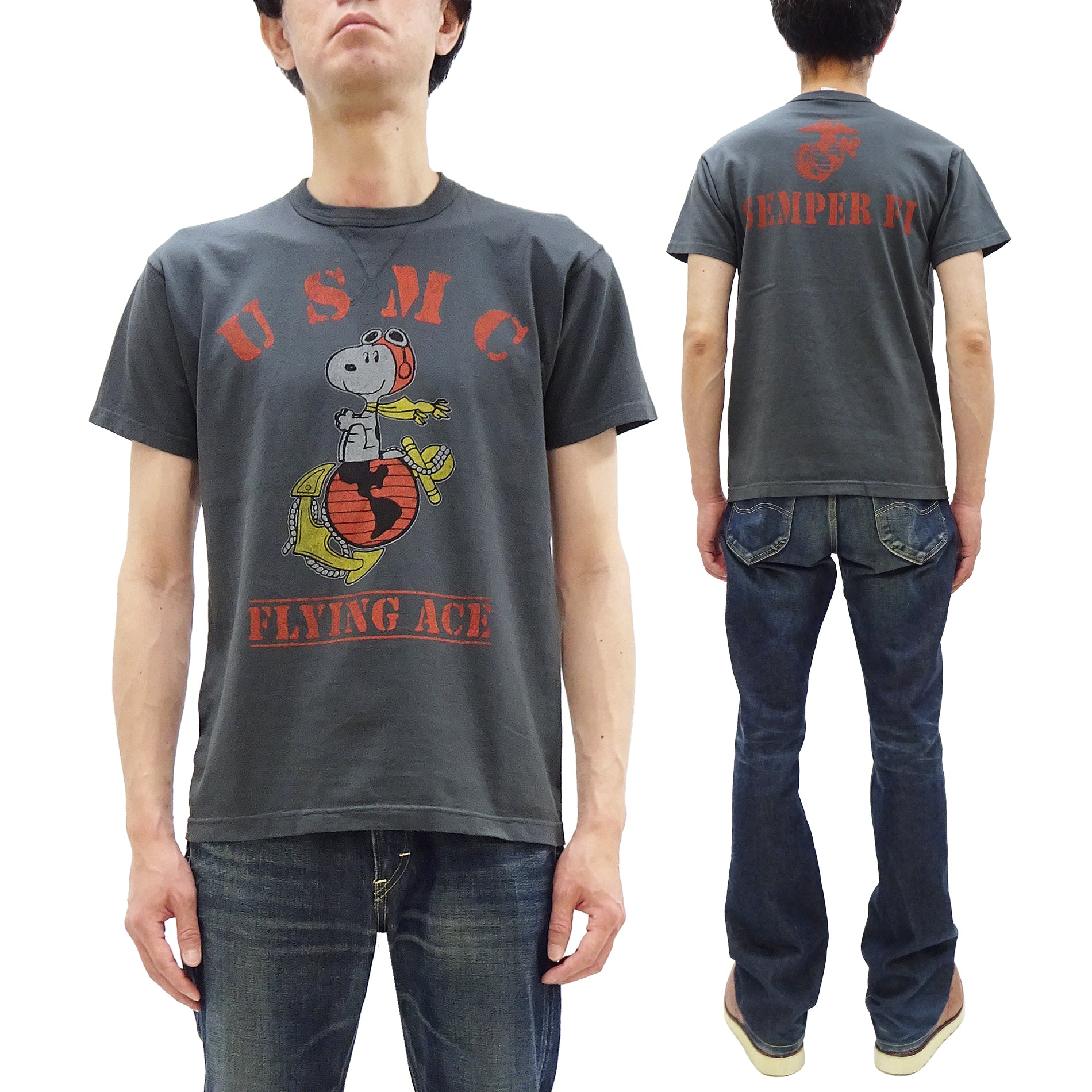 TOYS McCOY Men's Short Sleeve Graphic T-Shirt - Flying Ace Snoopy x USMC Printed Tee (TMC2527) | Vintage Loopwheel Fabric | Garment Dyed Faded Black | Casual Wear & Street Style
