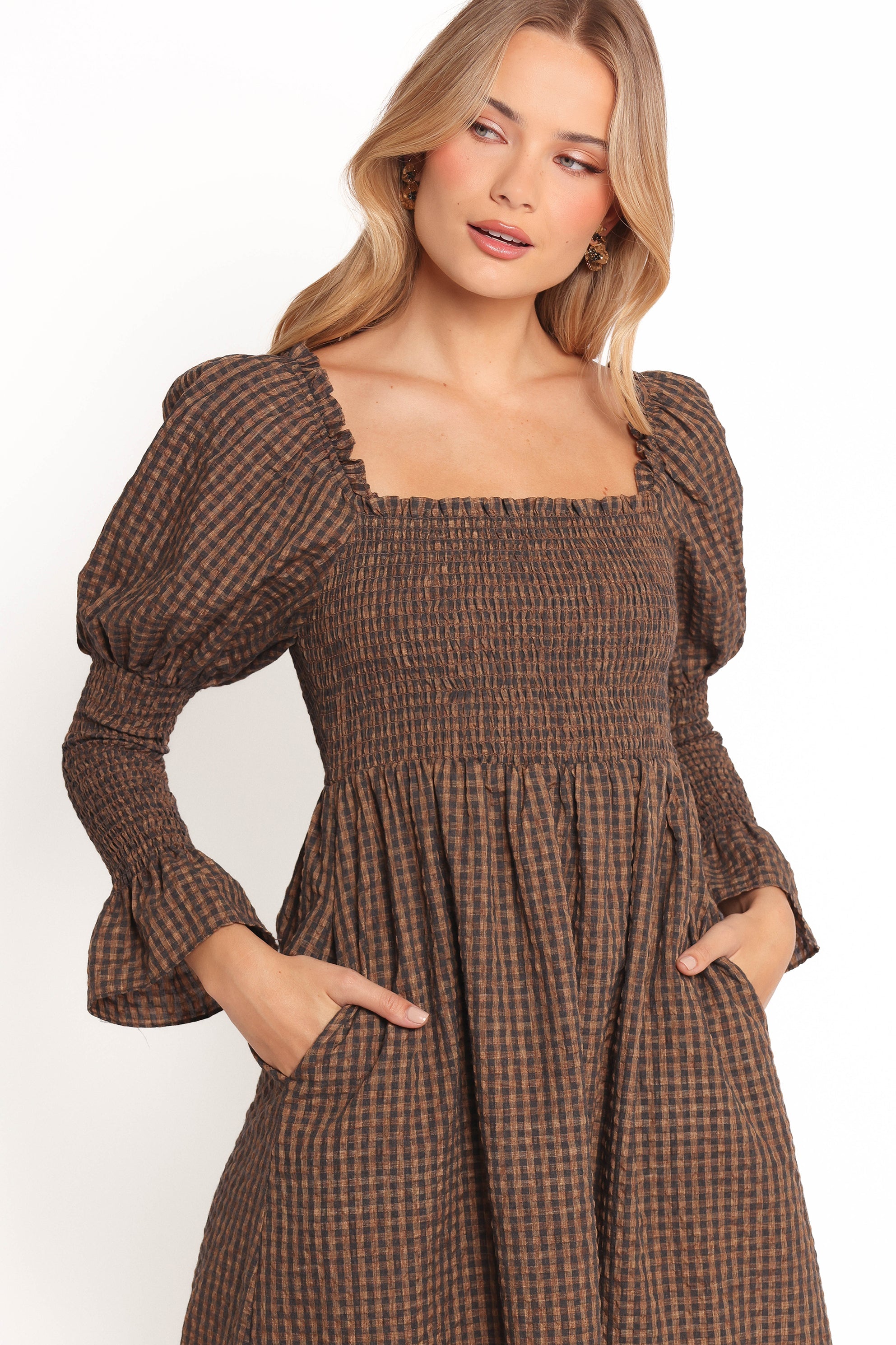 Cyrena Maxi Dress for Women - Brown Check Plaid Flowy Long Dress - Perfect for Summer, Beach, Vacation & Casual Wear
