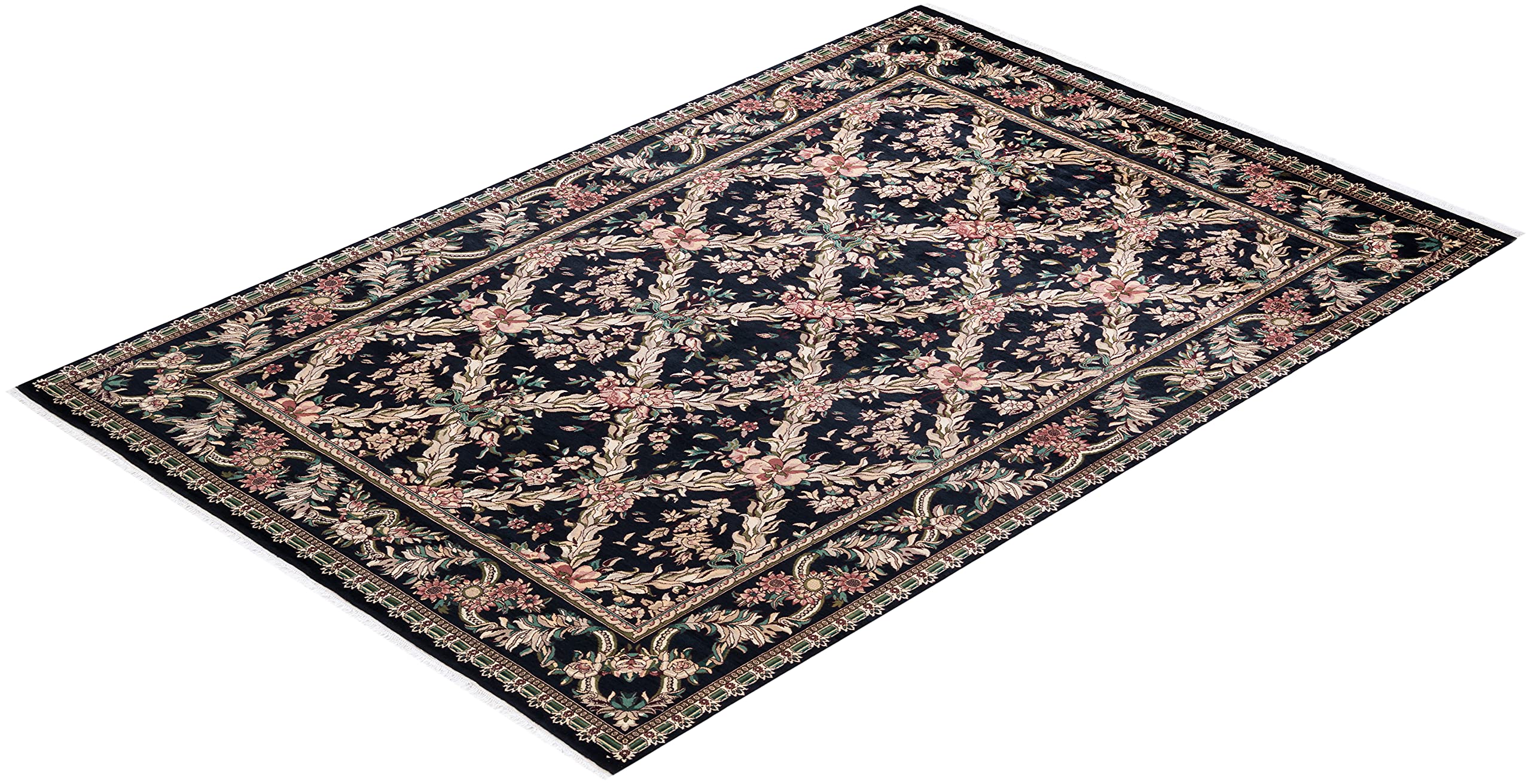 Handmade Wool Traditional Floral Mogul Black 6x9 Area Rug - One of a Kind Hand Knotted Solo Rugs for Living Room, Bedroom & Home Decor