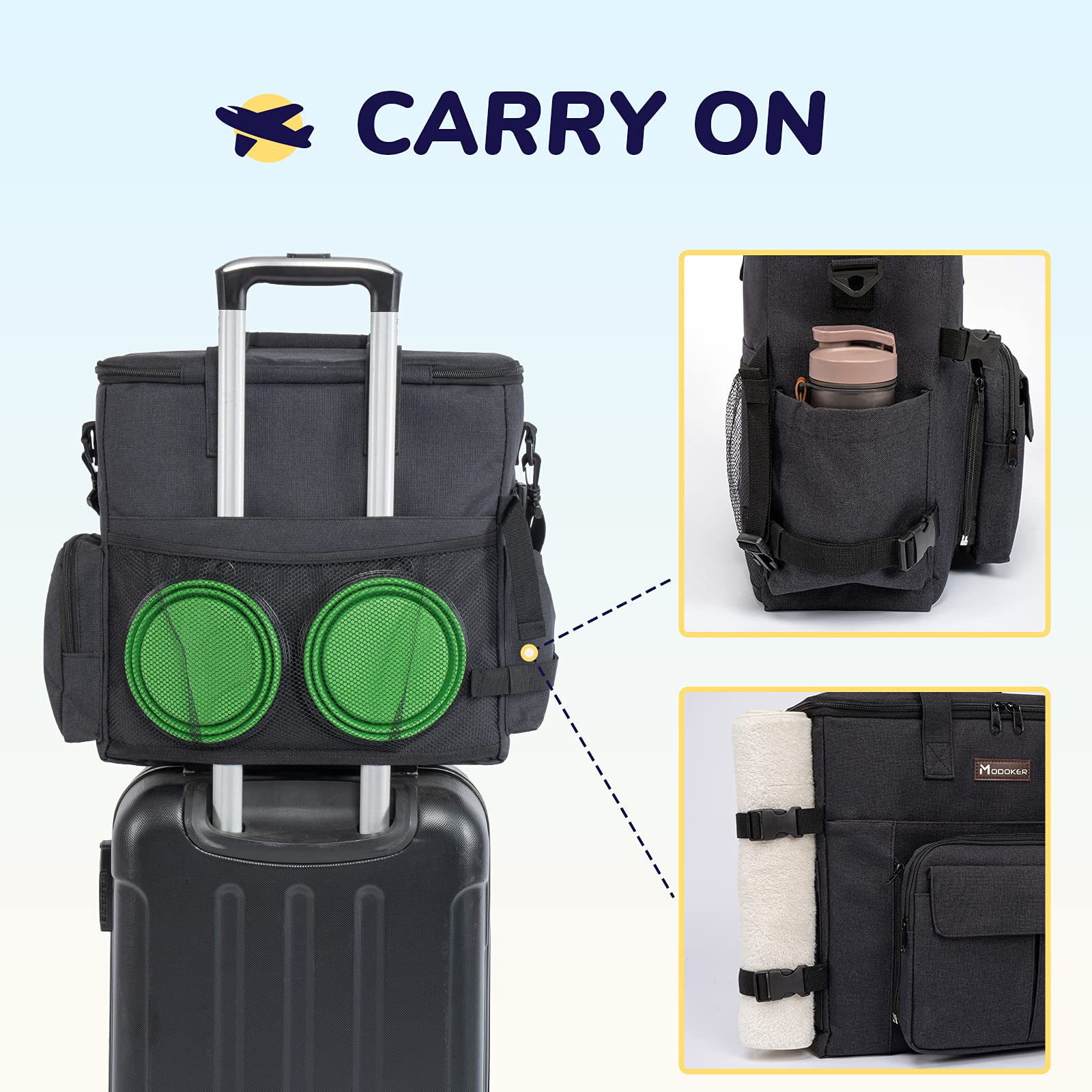 Modoker Airline Approved Dog Travel Backpack with 2 Collapsible Bowls & Food Containers - Pet Carrier Organizer for Supplies & Accessories - Perfect for Air Travel, Hiking & Outdoor Adventures (Black)