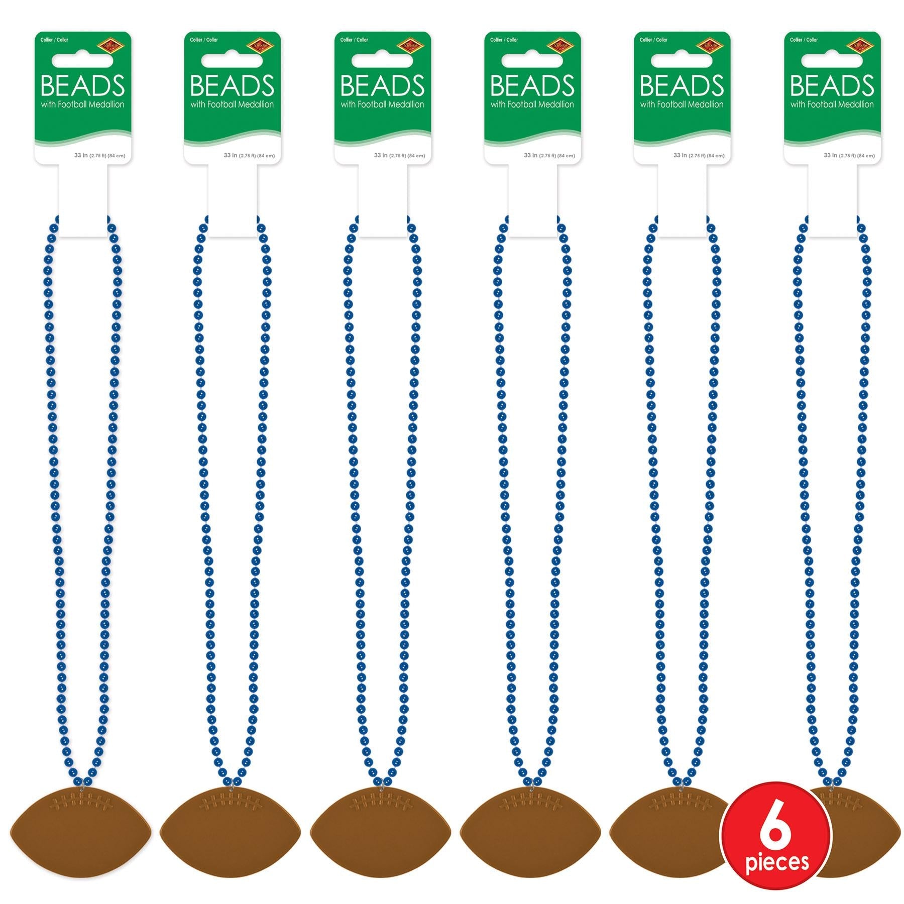 12 Pack Blue Party Bead Necklaces with Football Medallion - Bulk Mardi Gras Beads for Football Games, Super Bowl Parties & Festive Celebrations