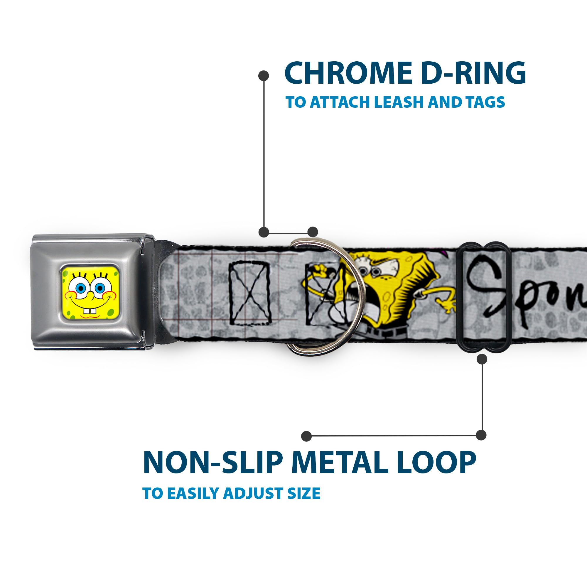 SpongeBob Dog Collar with Seatbelt Buckle - 3 Fun Poses (Grays & Black) - Adjustable 9-15 Inches, 1.0 Inch Wide - Perfect for Car Rides, Walks & Costume Play