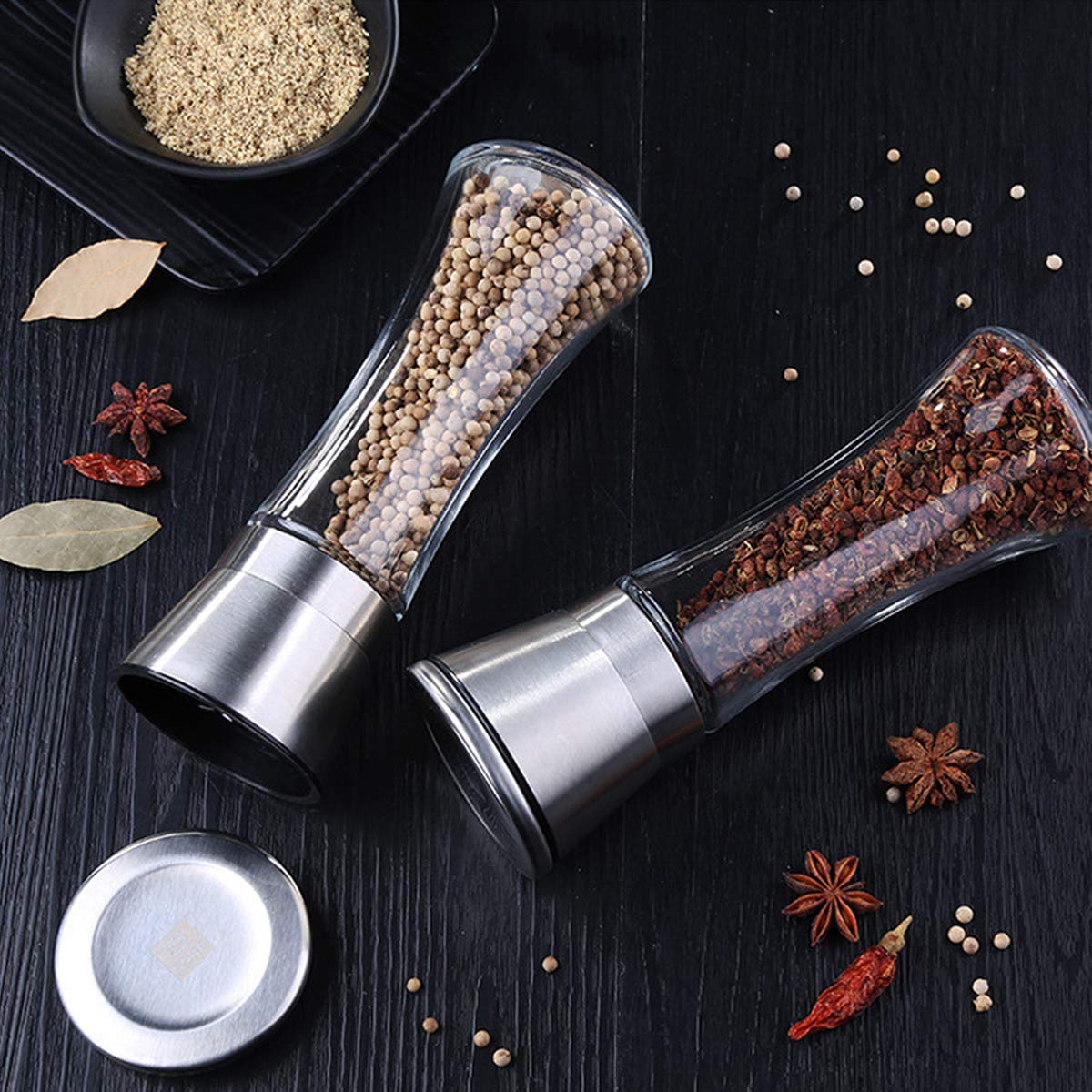 Premium Stainless Steel Salt and Pepper Grinder Set - Adjustable Ceramic Mill with 6oz Glass Body & Brushed Finish - Ideal for Kitchen, Dining Table, and Gourmet Cooking Gifts