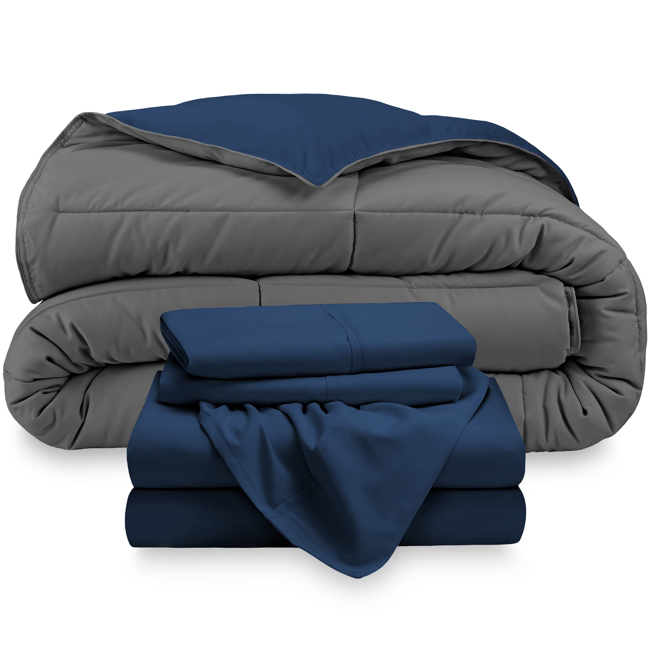 Bare Home Reversible 5-Piece Queen Bedding Set - Down Alternative Comforter & Sheet Set - Ultra Soft Dark Blue/Grey - Perfect for Master Bedroom, Guest Room, or Dorm Decor