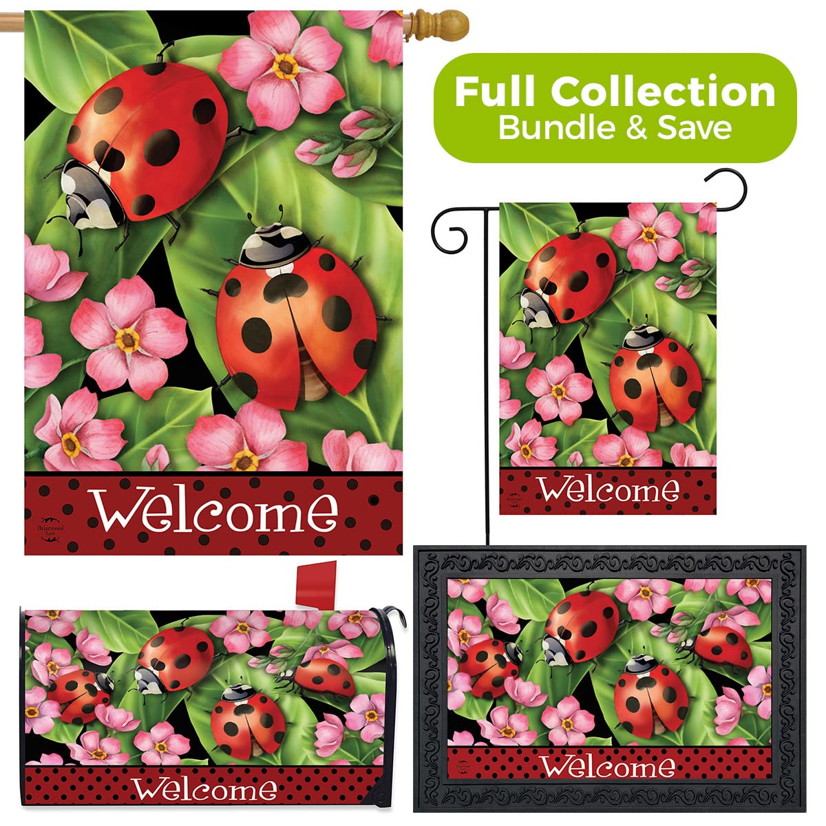 Briarwood Lane Spring Home Decor Bundle - Garden Flags, House Flags, Mailbox Covers & Doormats with Ladybug Design - Seasonal Outdoor & Indoor Decorations for Spring