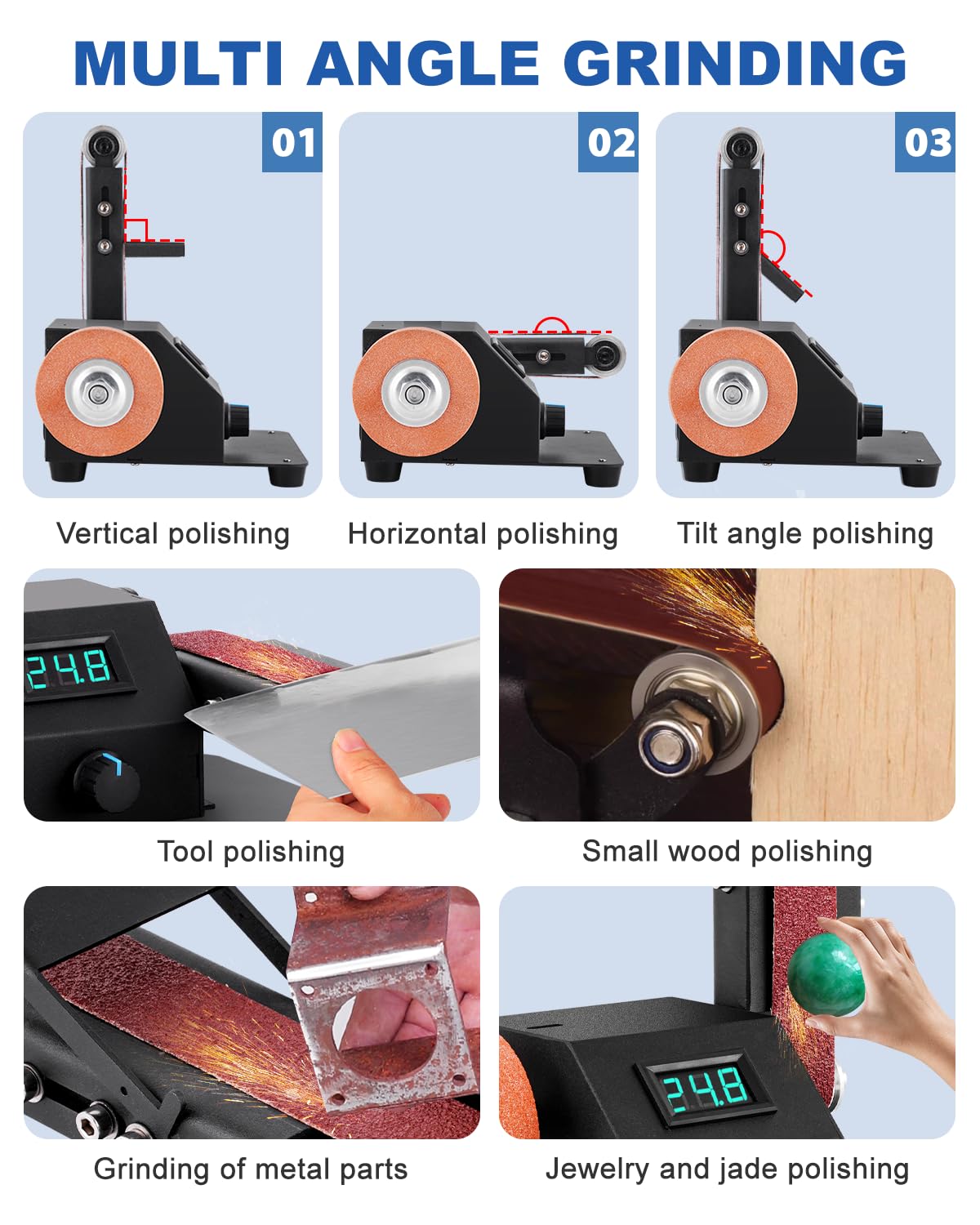 Electric Belt Sander 1.2x15in - Variable Speed Knife Sharpener & Wood/Metal Grinder with 15PCS Abrasive Belts - Perfect for DIY Knife Sharpening, Woodworking, Metal Polishing & Leather Crafting