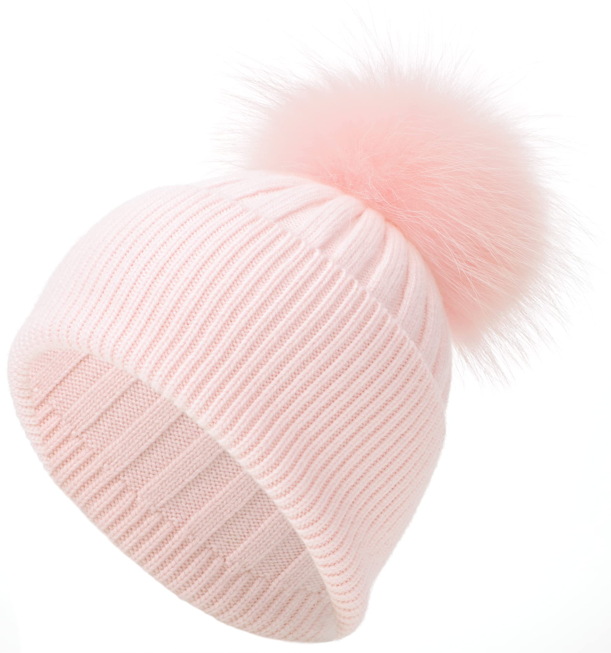 Women's Warm Winter Cashmere Ribbed Cuffed Beanie with Real Fur Pom Pom - Soft Knit Skull Cap for Skiing & Snowboarding - Cozy Cold Weather Hat for Outdoor Activities
