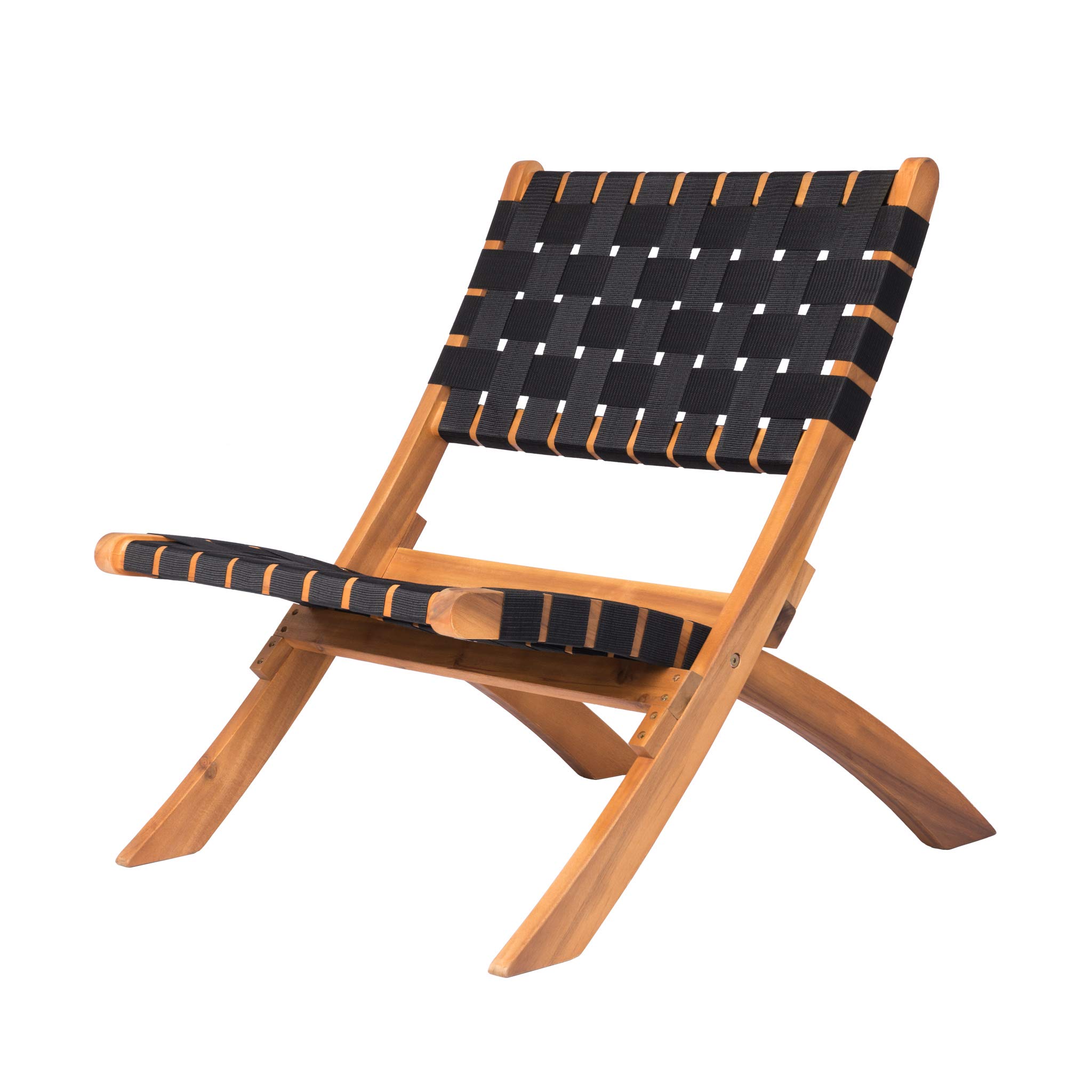 Patio Sense 62774 Sava Folding Chair - Solid Acacia Wood with Woven Seat & Back - Indoor Outdoor Portable Low Slung Chair for Porch, Lawn, Garden, Fishing & Sporting Events - Black Webbing - Perfect for Camping, Picnics, and Backyard Relaxation