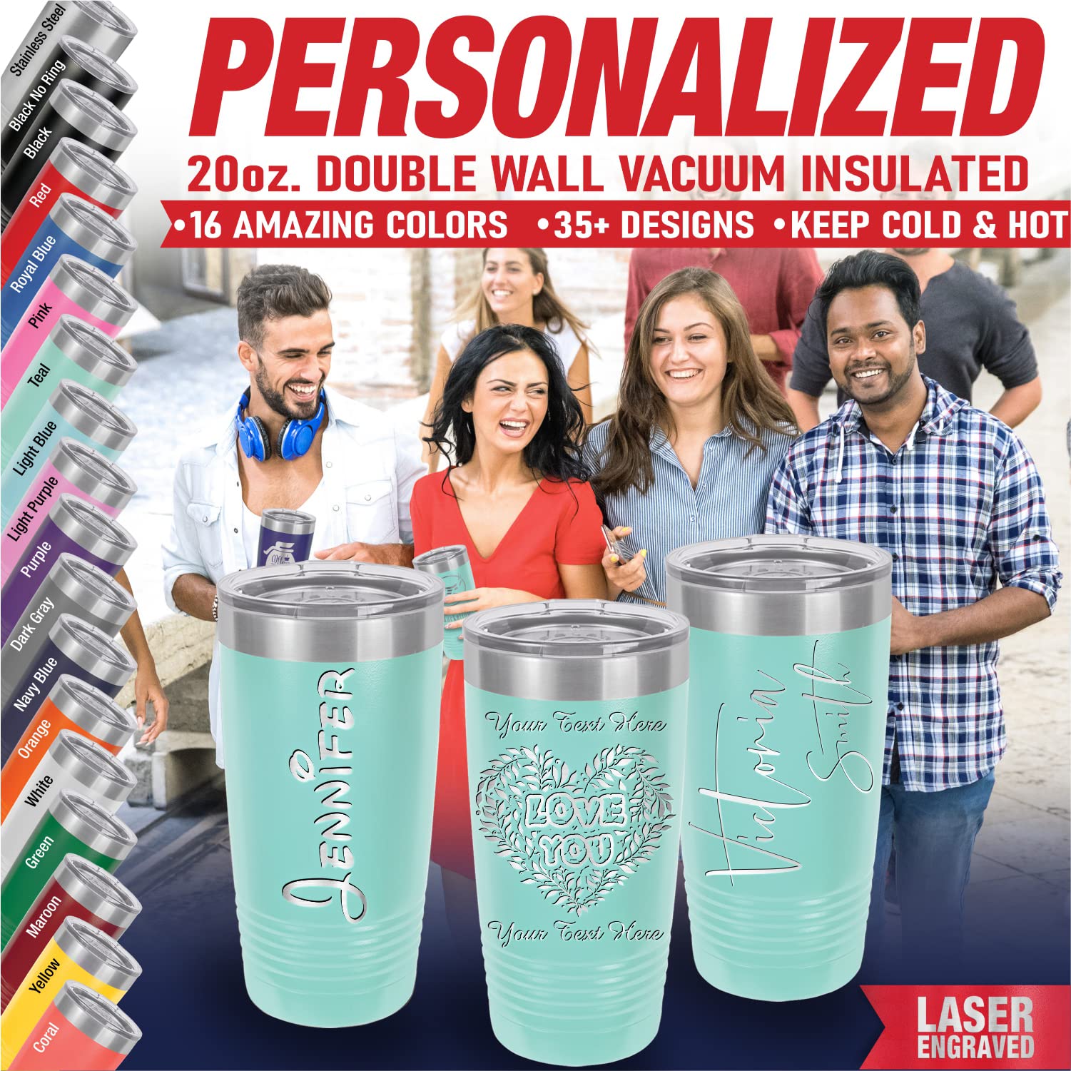 Personalized 20oz Stainless Steel Tumbler with Lid - Custom Engraved Name & Designs - Insulated Travel Coffee Mug for Women - Keeps Drinks Hot & Cold - Perfect Gift for Mom, Birthday, Anniversary - Great for Office, Gym, Camping & Road Trips (Teal)