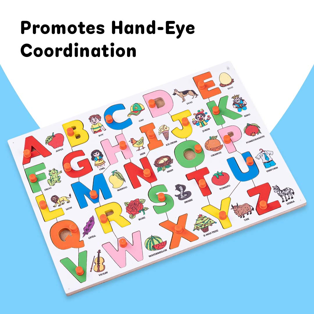 Baybee Wooden Alphabet Puzzle - Educational ABC Learning Toy for Kids Ages 3+ | Montessori Letter Recognition Game with Pictures | Perfect for Preschool Learning, Homeschooling & Birthday Gifts for Boys & Girls
