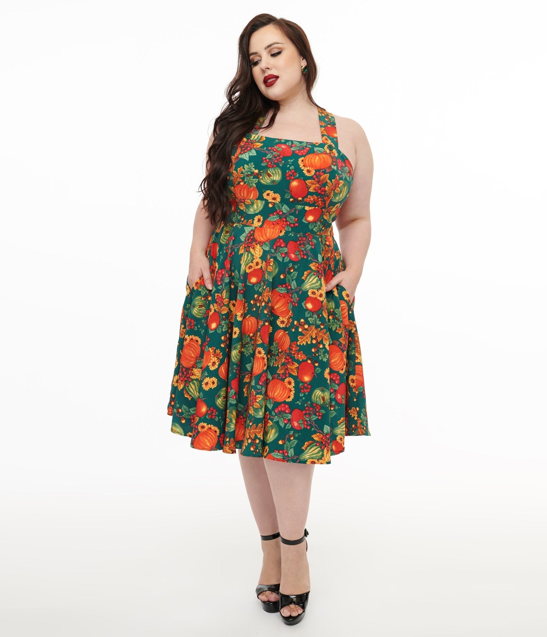 Hell Bunny Plus Size 1950s Green & Orange Leaf Pinafore Swing Dress - Vintage Retro Style for Women - Perfect for Parties, Tea Dances & Rockabilly Fashion