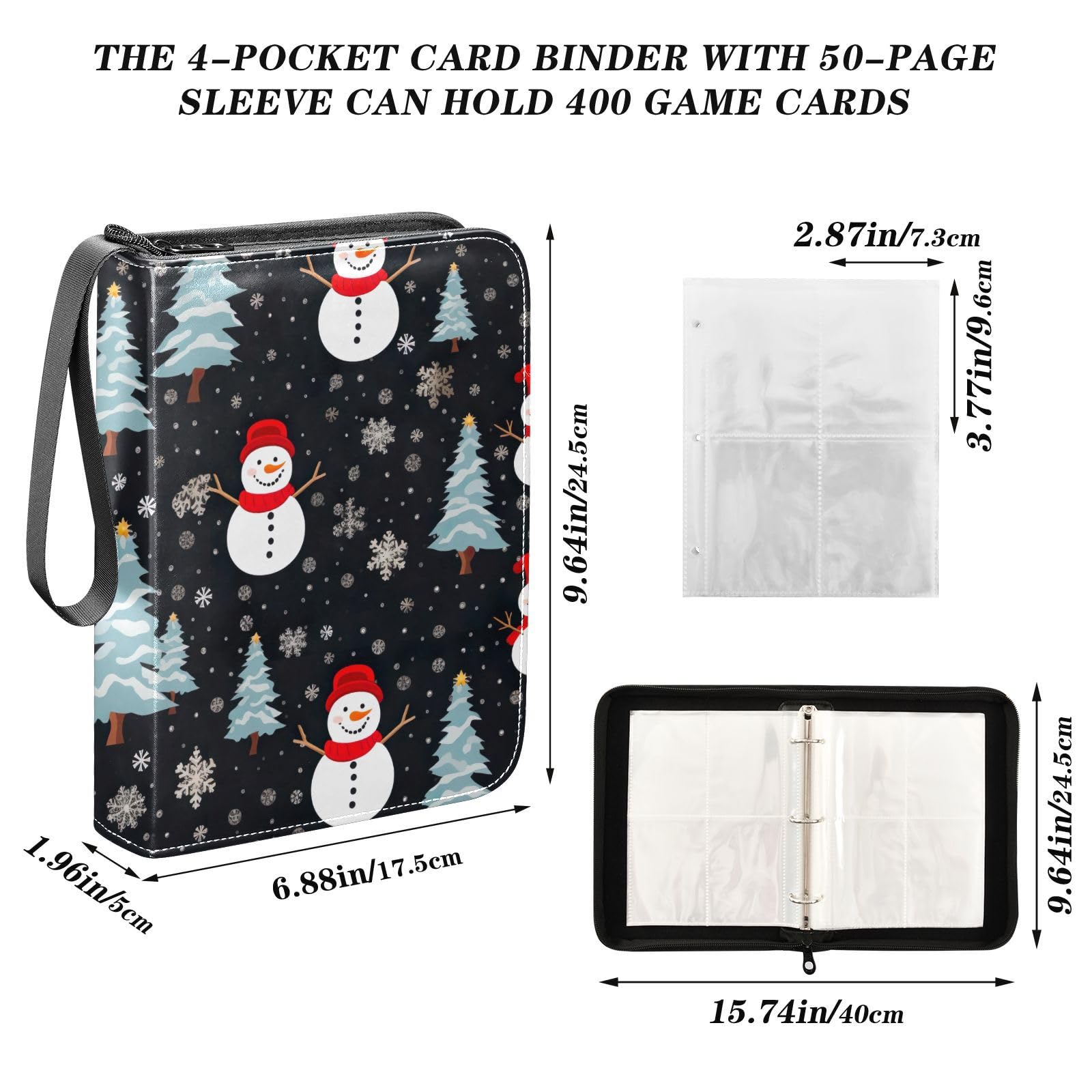 Winter Snowman Christmas Card Binder - 4 Pocket Trading Card Holder Book with 50 Sleeves (Holds 400 Cards) - 3-Ring Loading Binder for Sports, Pokemon & MTG Cards - Perfect for Collectors & Holiday Gifting