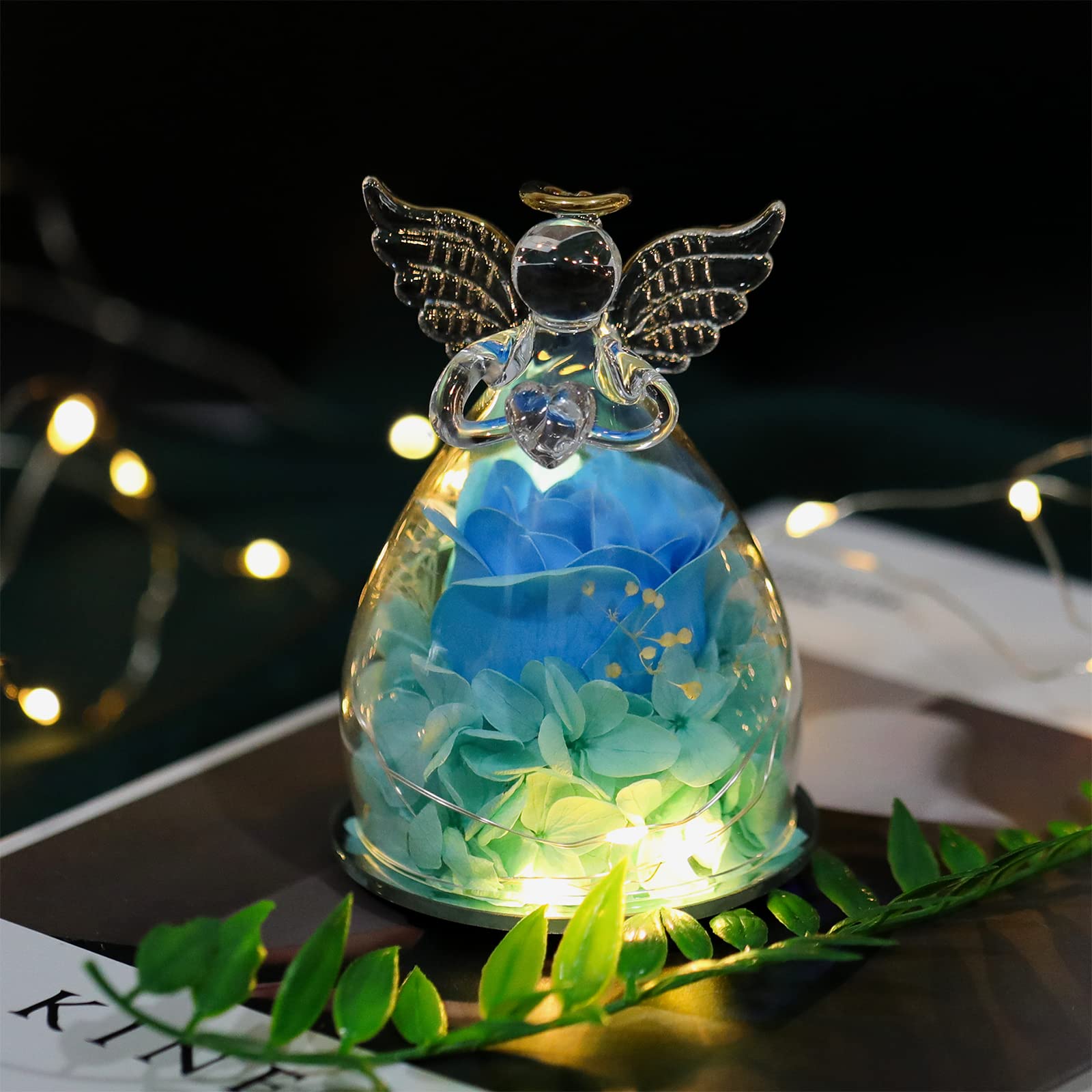 Angel Figurine with Preserved Rose & Light String - Birthday Gifts for Mom, Grandma, Women | Home Decor, Romantic Gift for Valentine's Day, Anniversary, Christmas