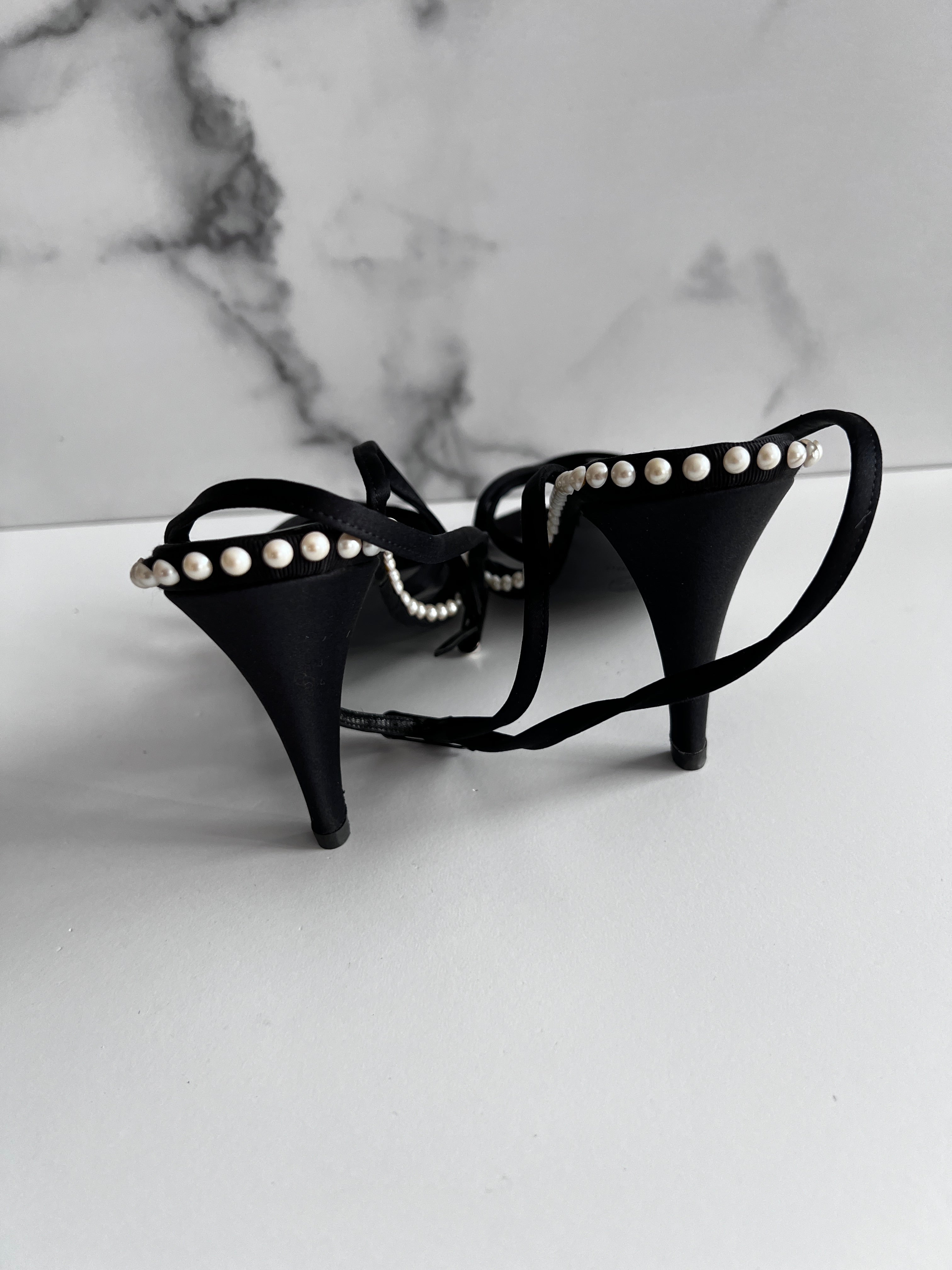 Chanel Black Satin Pearl Embellished Ankle Wrap Heels - Elegant Women's Luxury High Heels for Parties, Weddings & Special Occasions