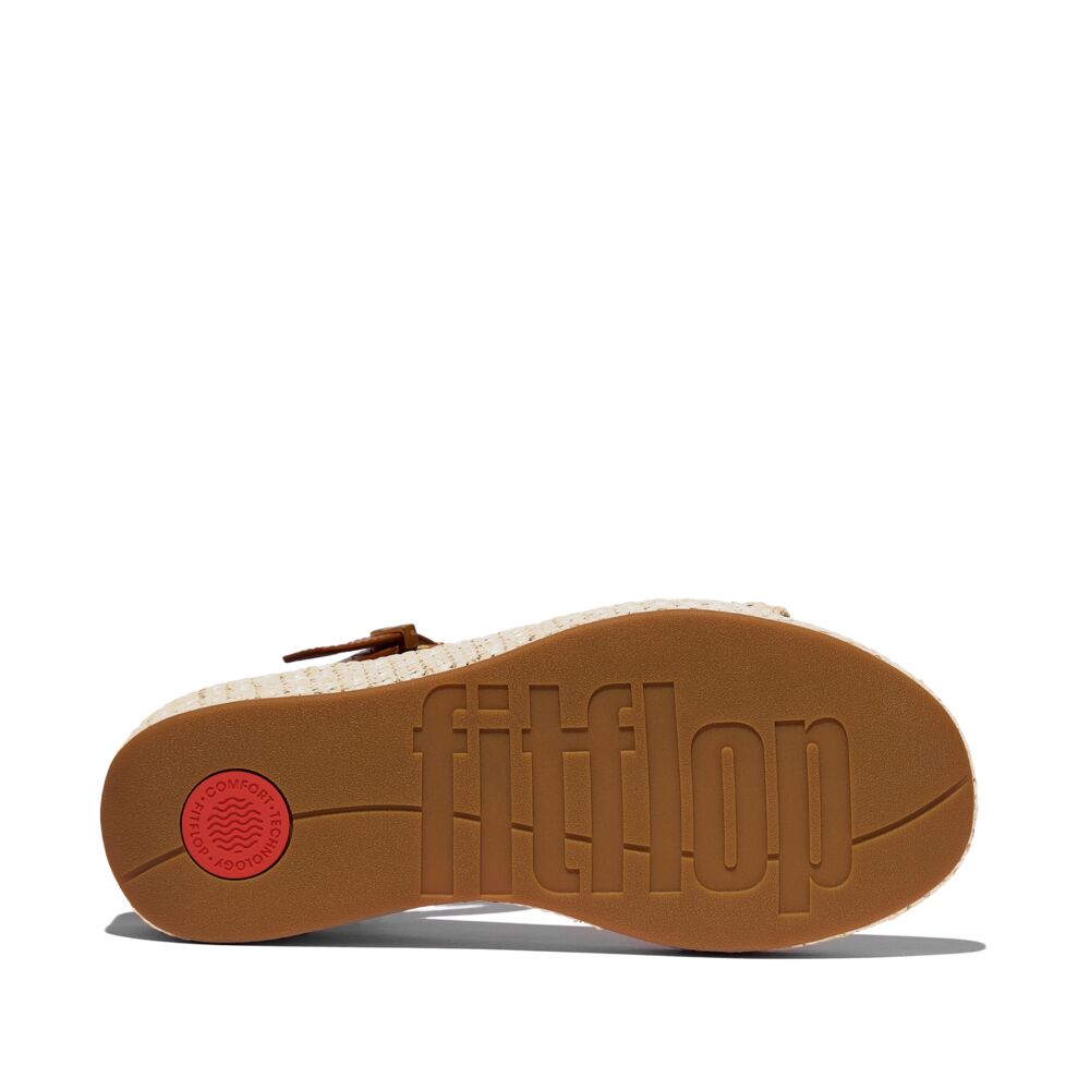 FitFlop Platfforms Woven Wedge Ankle Strap Sandals for Women - Comfortable Summer Walking Shoes in Deep Tan/Ivory - Perfect for Beach, Vacation & Casual Outfits