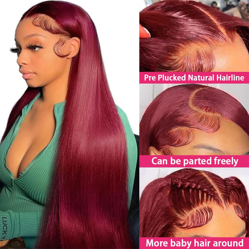 28 Inch Burgundy Lace Front Wig - 100% Human Hair with Baby Hair & Pre-Plucked Natural Hairline | 13x4 HD Frontal | 180 Density Virgin Hair | Perfect for Cosplay, Daily Wear & Special Occasions