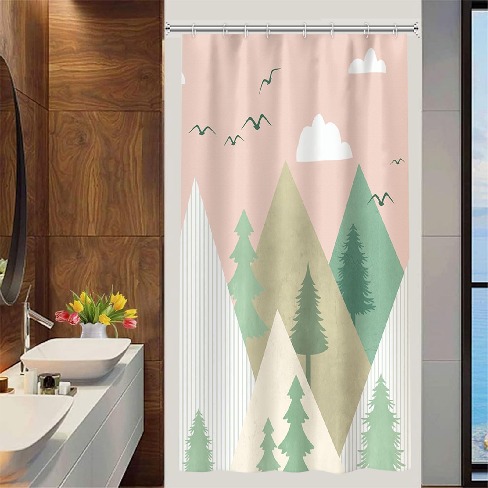 Yeele Mountain Forest Shower Curtain - Waterproof Pine Tree Design with White Clouds & Wild Geese - Pink Bathroom Decor with 12 Hooks (48x72 inches) - Perfect for Rustic, Nature-Inspired Bathroom Themes