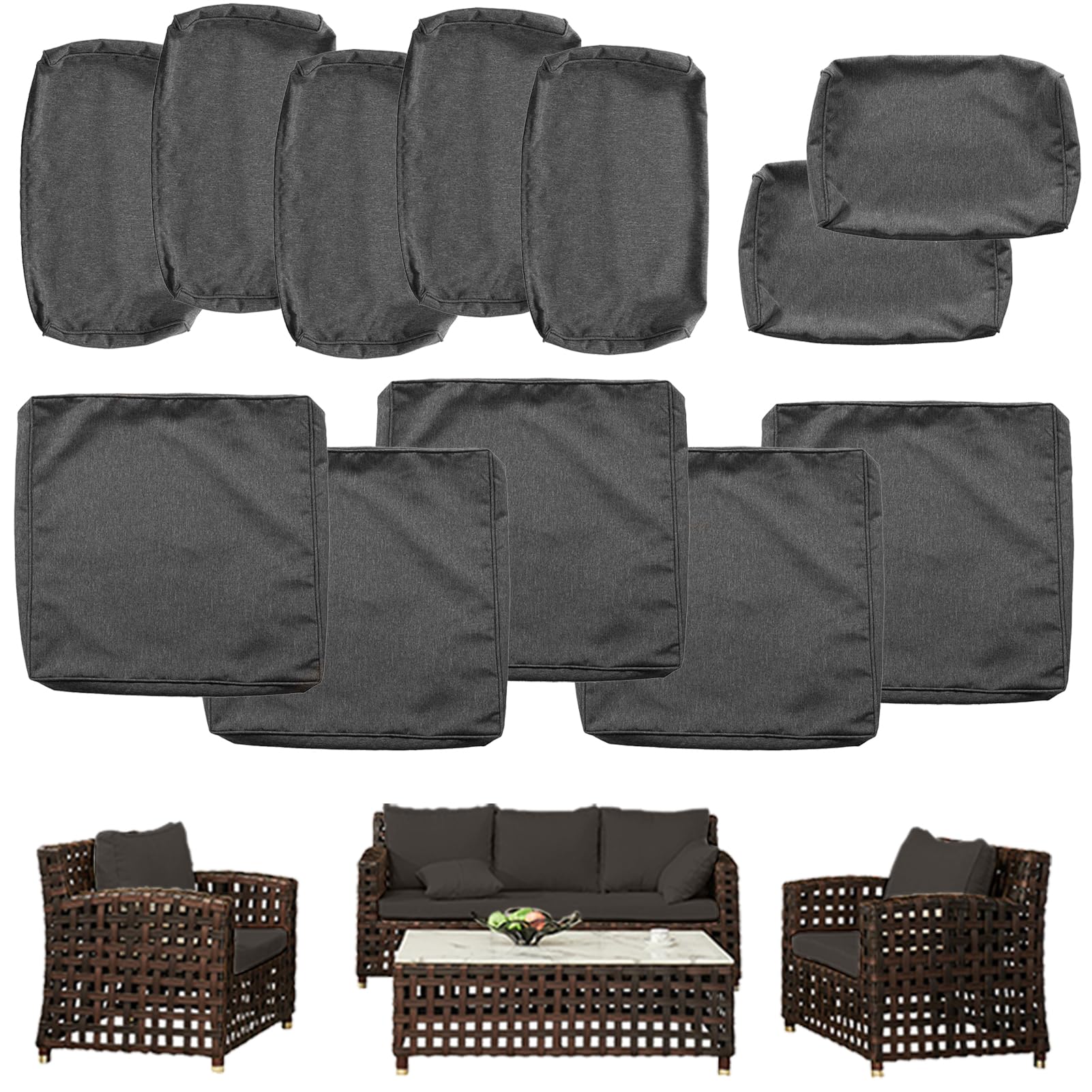 Waterproof Outdoor Patio Cushion Covers with Zipper - Replacement Slipcovers for Wicker Rattan Sectional Couch & Chair Furniture Set (12-Piece, Gray) - Perfect for Backyard, Garden, Poolside & Patio Furniture Protection