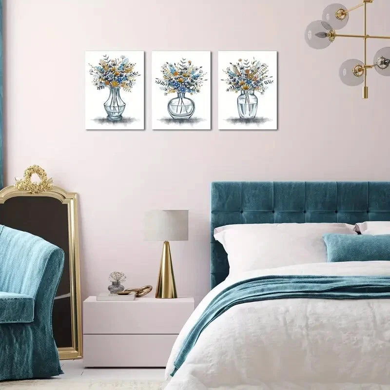 3-Piece Blue Floral in Jar Painting - Farmhouse Style Metal Wall Art Prints - Ready to Hang Home Decor for Living Room, Bedroom & Kitchen