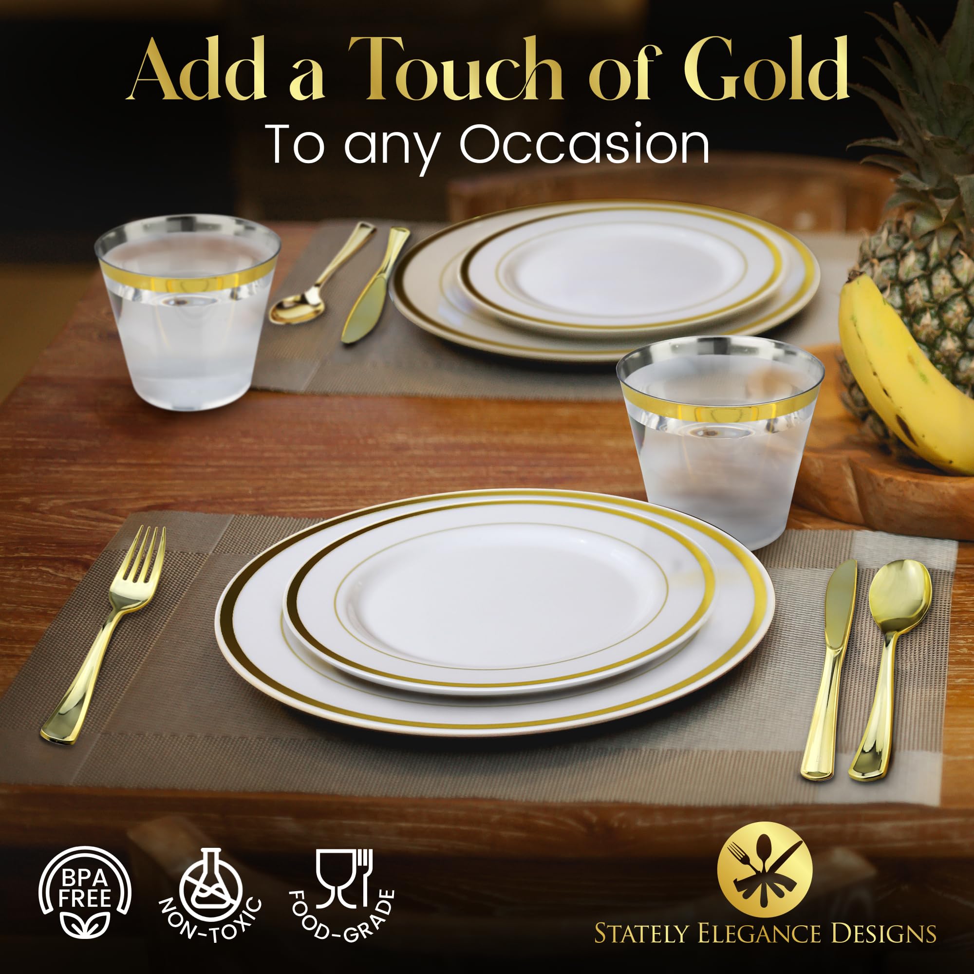 600-Piece Disposable Gold Plastic Dinnerware Set - 200 White & Gold Plates, 300 Gold Silverware, 100 Gold Cups - Elegant Party & Wedding Tableware for 100 Guests - Perfect for Birthday Celebrations, Bridal Showers, and Formal Events