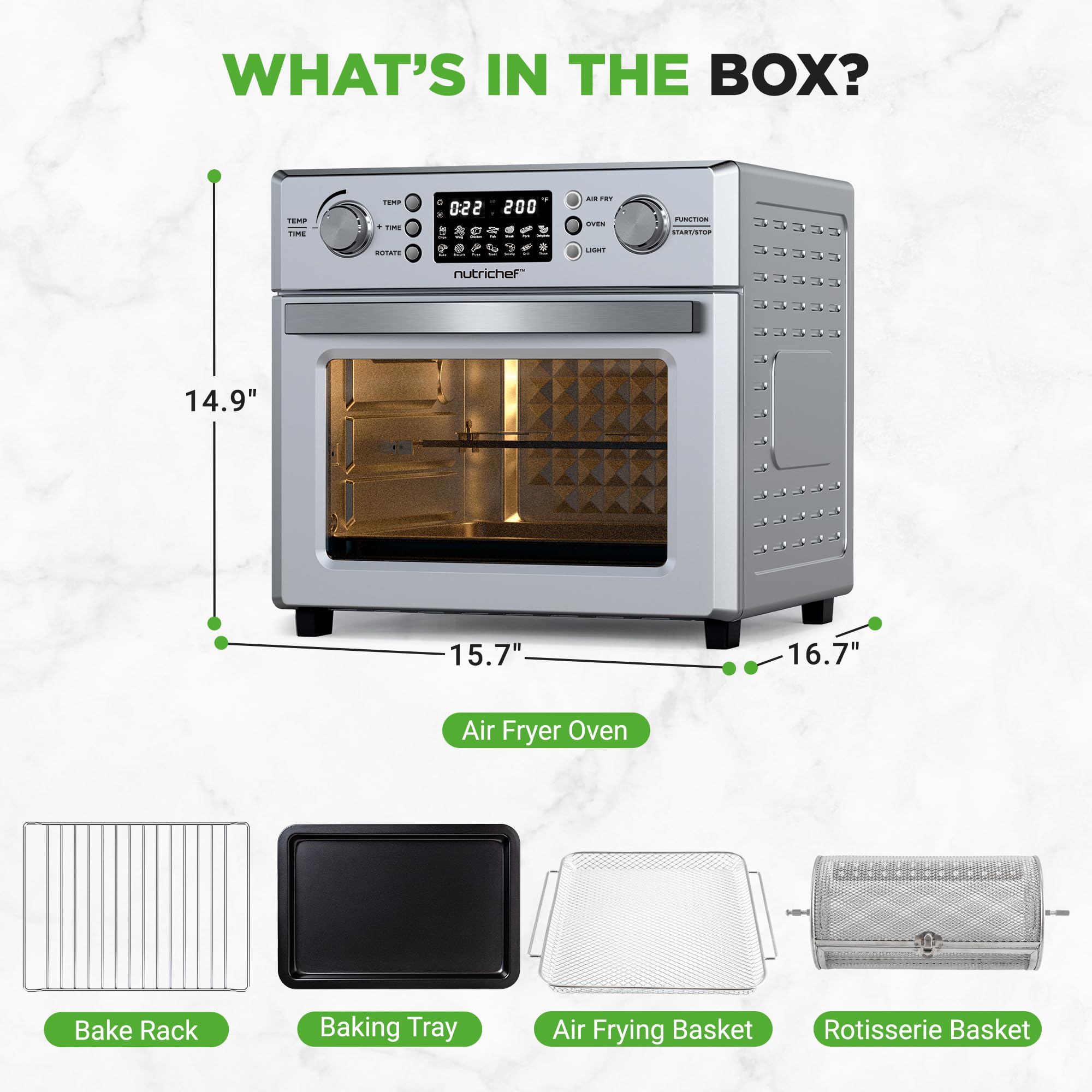 NutriChef 26L Electric Air Fryer Oven with Rotisserie - 1700W Countertop Air Fryer, 360° Rotating Feature, 10 Digital Presets - Includes Drip Tray, Basket & Bake Rack (15x16x14, Silver) - Perfect for Healthy Frying, Baking, Roasting & Family Meals
