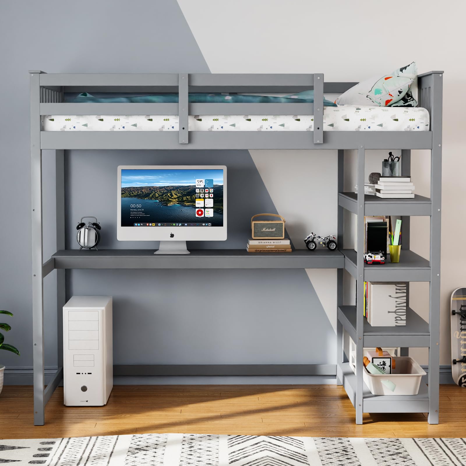 JOYMOR Twin Size Bunk Bed with Built-in Desk & 4-Layer Shelves - Space-Saving Loft Bed with Under Desk Storage & Bookcase - Sturdy Bed Frame for Kids, Teens & Adults - Perfect for Small Bedrooms, Dorms & Studio Apartments