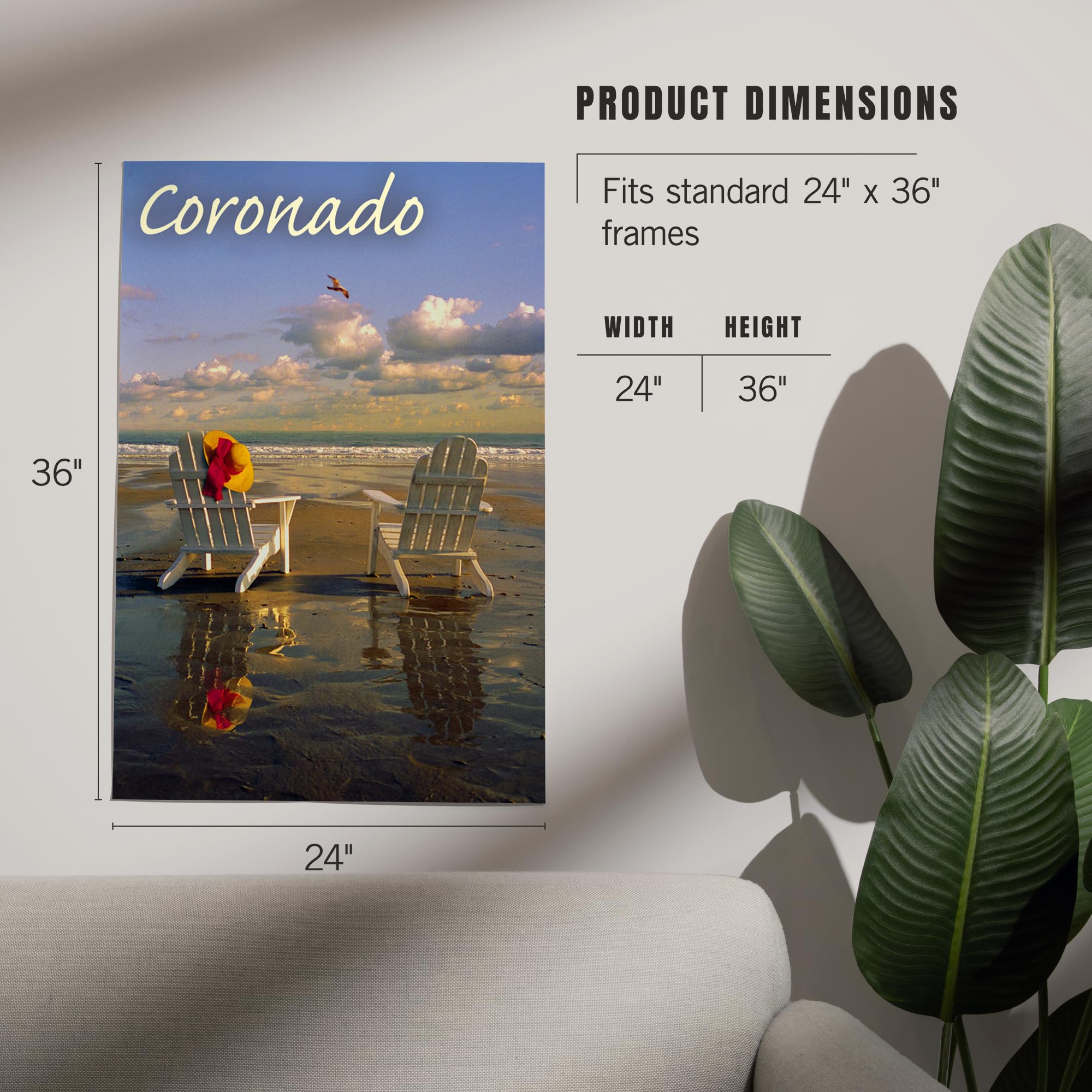 Lantern Press 24x36 Inch Giclee Art Print - Coronado California Beach Scene with Adirondack Chairs - Premium Wall Decor for Living Room, Bedroom & Office