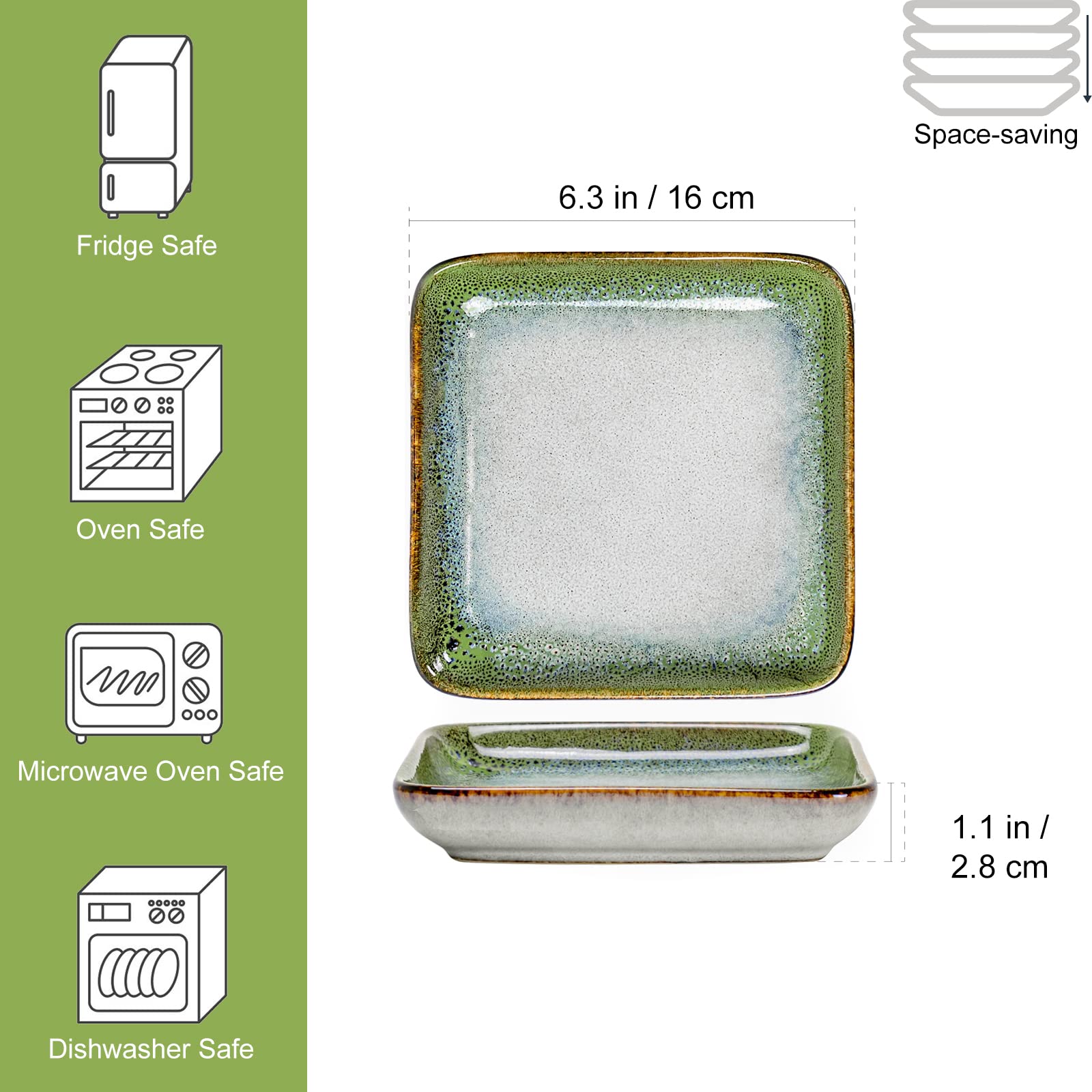 HENXFEN 6.3 Inch Small Ceramic Plates - Set of 4 Scratch Resistant Porcelain Appetizer & Dessert Plates, Microwave & Dishwasher Safe - Reactive Green for Dinner Parties, Tea Time, and Snack Serving