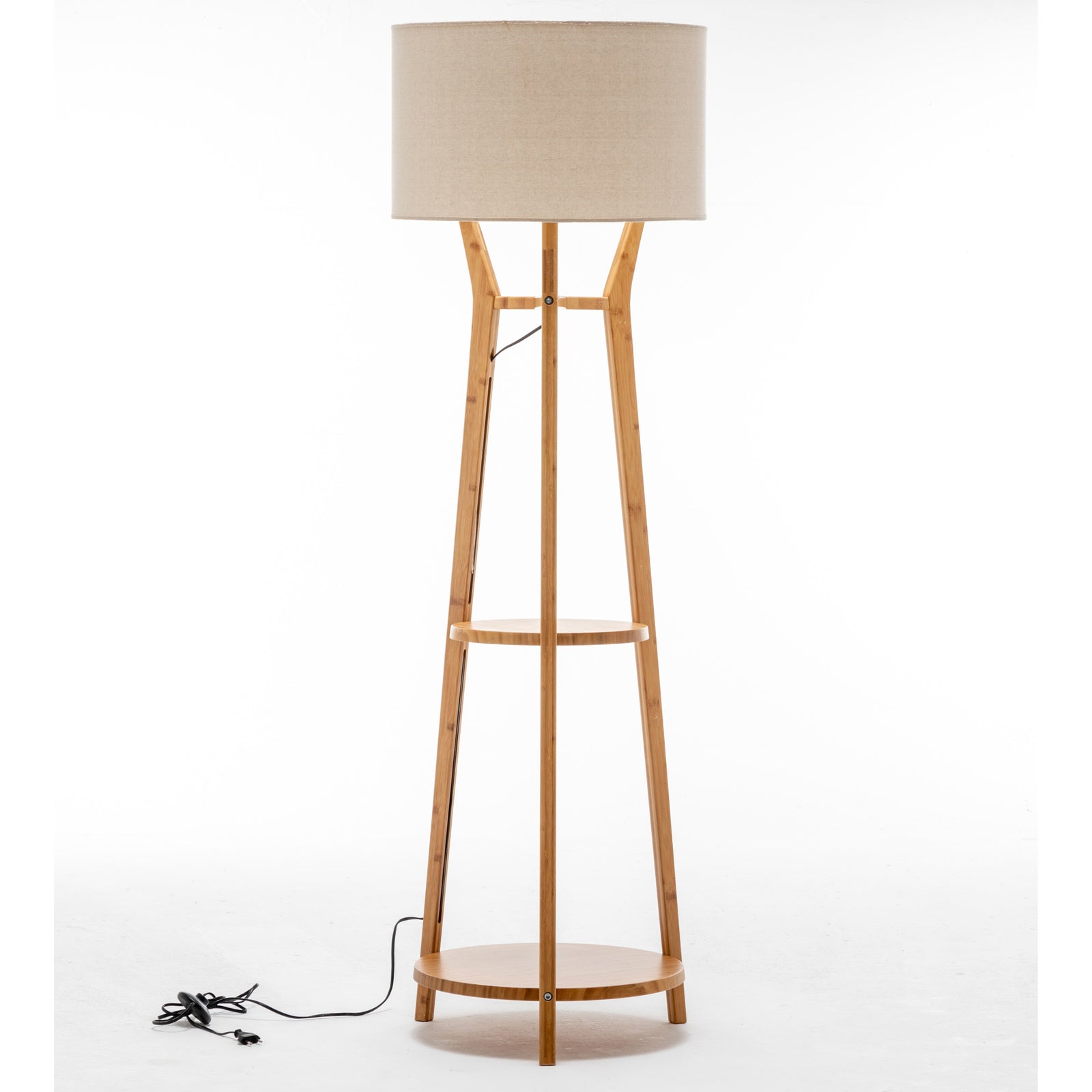 168cm Tall Modern Bamboo Wooden Tripod Floor Lamp with Linen Shade and Shelves - Perfect for Living Room, Bedroom, or Office Lighting Decor
