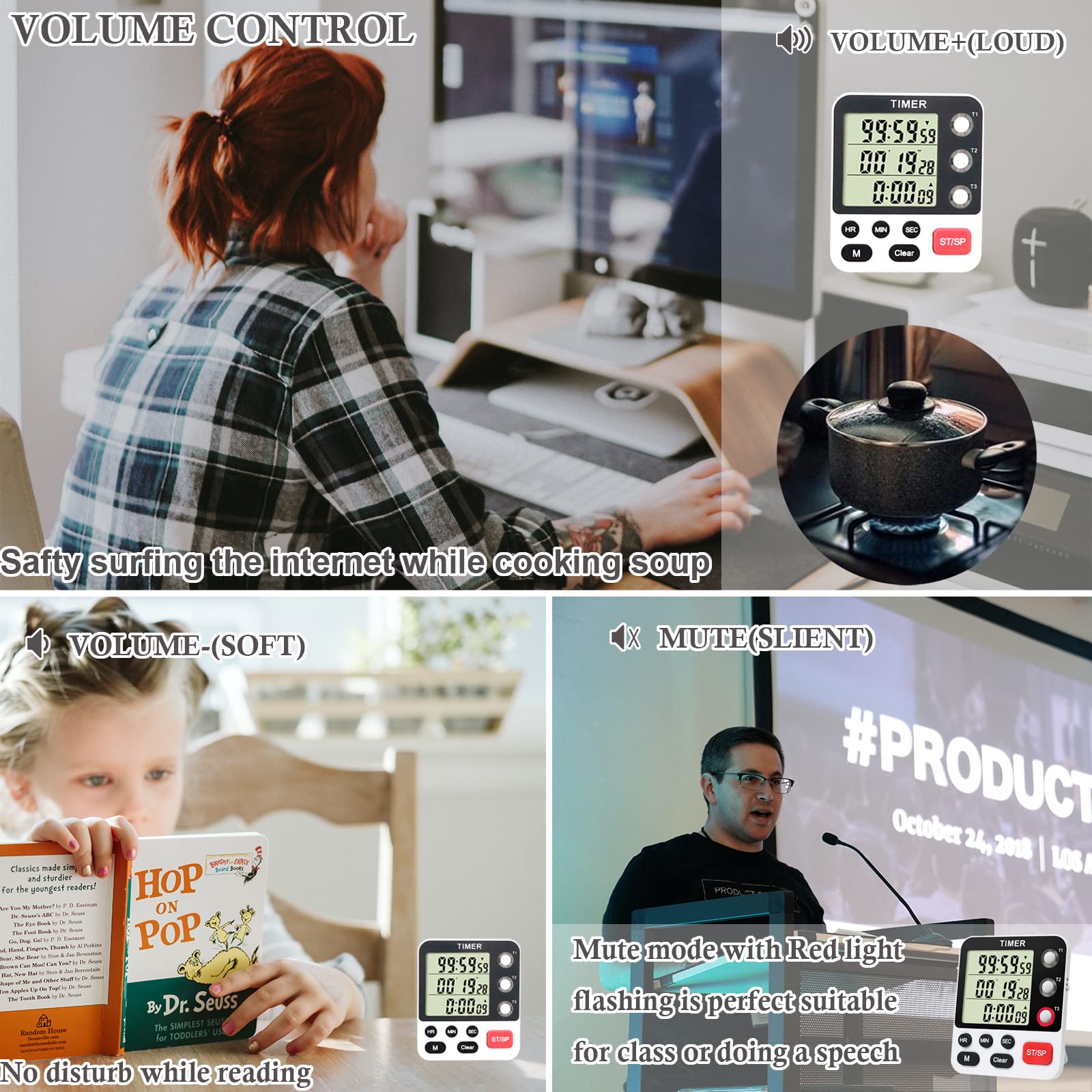 Digital 3-Channel Kitchen Timer with Large LCD Display - Count Up/Down Stopwatch, ON/OFF Switch, Adjustable Volume & Magnetic Back (Battery Included) - Perfect for Cooking, Baking, Teaching & Reading Aloud
