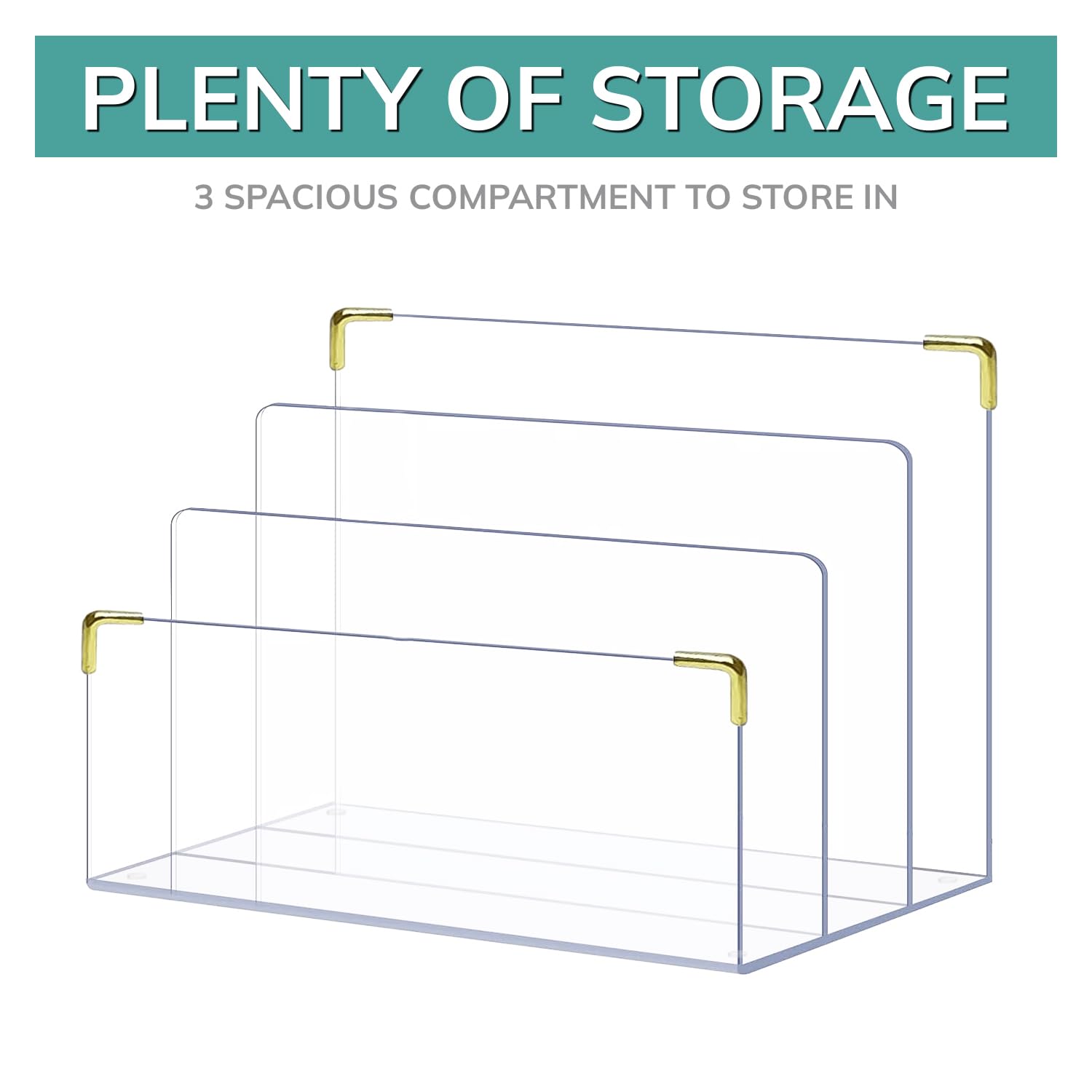 Clear Acrylic File Holder with Gold Accents - Desk Organizer for Folders, Mail, Magazines | Perfect for Office, Home & Workspace Organization | Letter Sorter, Laptop Stand & Notebook Holder