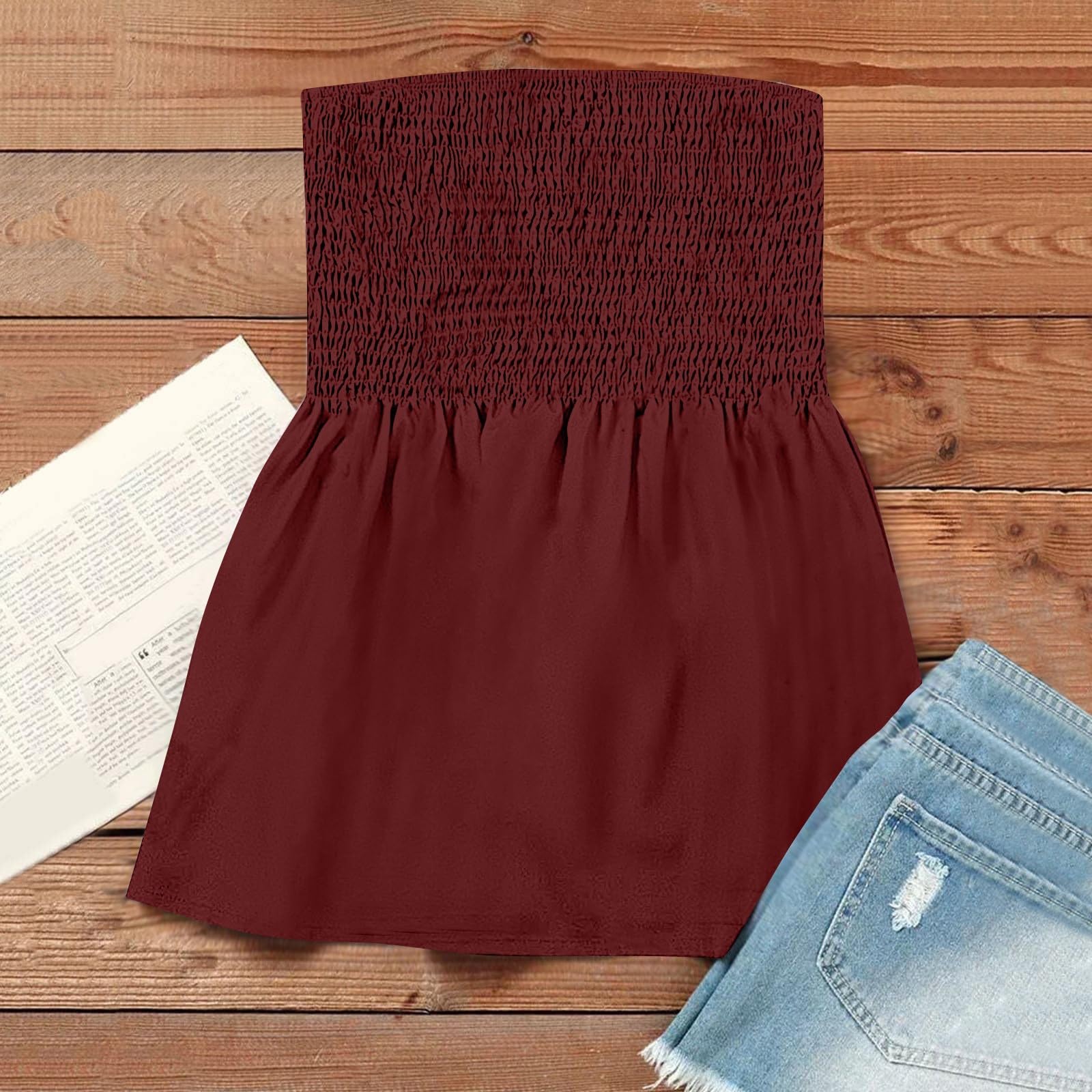 Women's Strapless Bandeau Tank Top - Sleeveless Backless Tube Top with Pleated Design for Summer Casual Wear | Perfect for Beach, Vacation, and Holiday Outfits